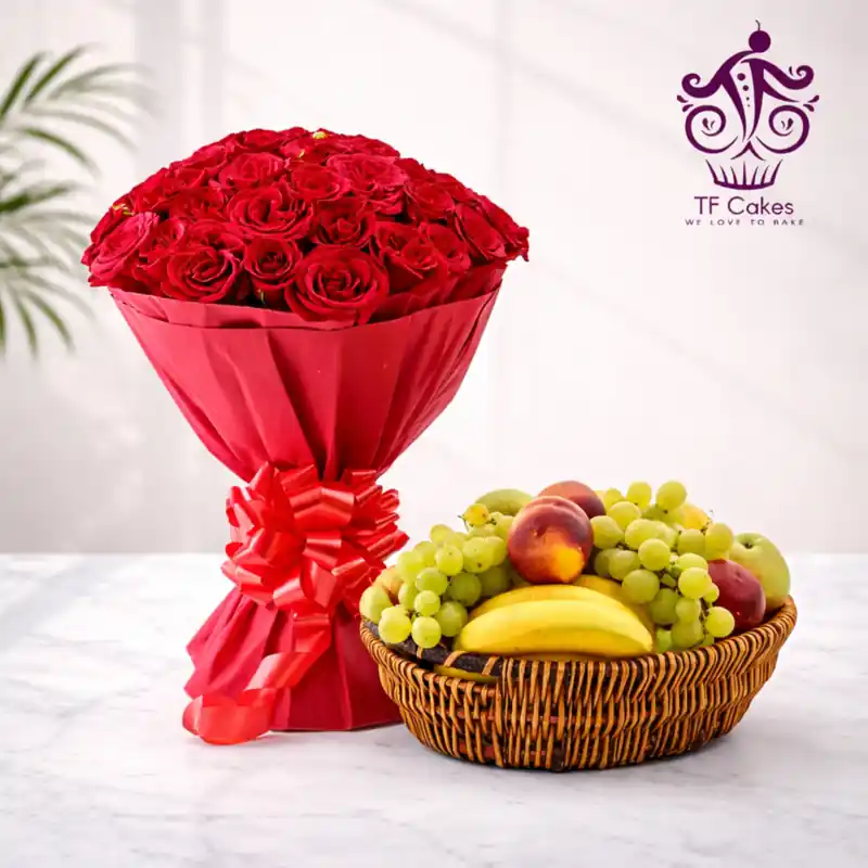 Romantic Red Roses Bouquet with Fresh Fruit Basket - TF Cakes Online Delivery Freshly baked handcrafted Romantic Red Roses Bouquet with Fresh Fruit Basket – Cake design by TF Cakes