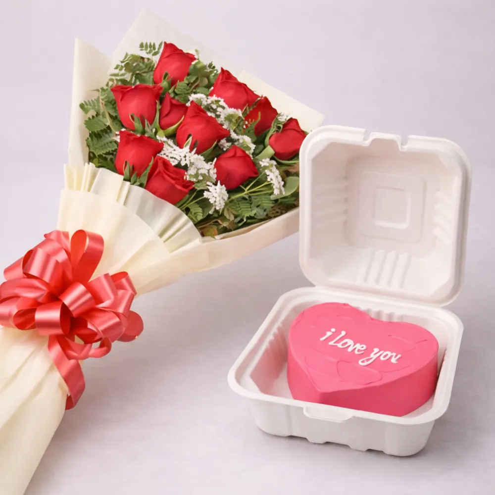 Rose Bouquet with Heart Shaped Bento Cake - TF Cakes Online Delivery Freshly baked handcrafted Rose Bouquet with Heart Shaped Bento Cake – Cake design by TF Cakes