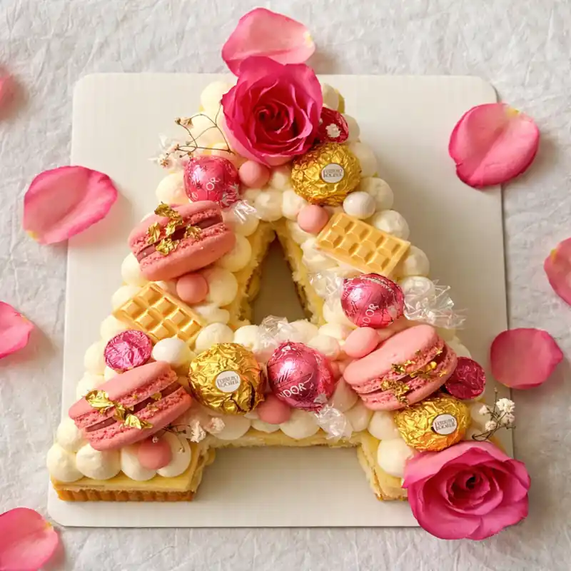 Rose Gold Letter A Cake - TF Cakes Online Delivery Freshly baked handcrafted Rose Gold Letter A Cake – Cake design by TF Cakes