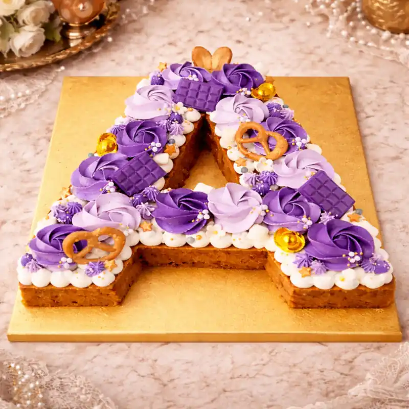 Royal Violet Letter A Cake - TF Cakes Online Delivery Freshly baked handcrafted Royal Violet Letter A Cake – Cake design by TF Cakes
