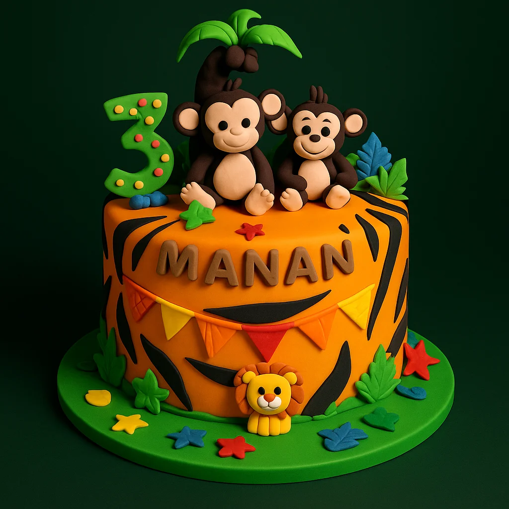 Monkey Tiger Jungle Theme Cake - TF Cakes Online Delivery Freshly baked handcrafted Monkey Tiger Jungle Theme Cake – Cake design by TF Cakes