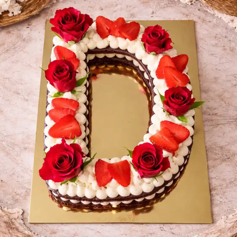 Strawberry Rose Letter D Cake - TF Cakes Online Delivery Freshly baked handcrafted Strawberry Rose Letter D Cake – Cake design by TF Cakes