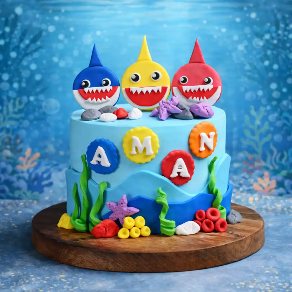 Colorful Baby Shark Family Fondant Cake - TF Cakes Online Delivery Freshly baked handcrafted Colorful Baby Shark Family Fondant Cake – Cake design by TF Cakes
