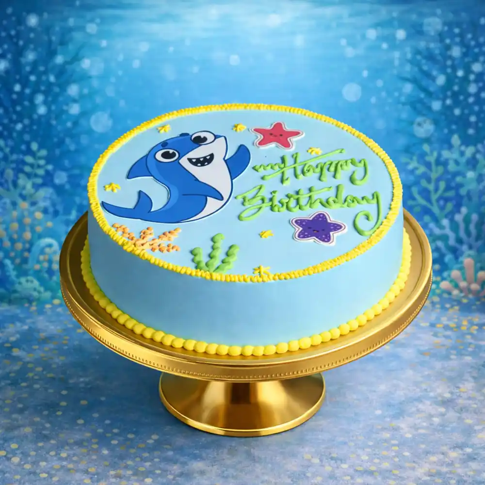 Cute Blue Baby Shark Cartoon Birthday Cake - TF Cakes Online Delivery Freshly baked handcrafted Cute Blue Baby Shark Cartoon Birthday Cake – Cake design by TF Cakes