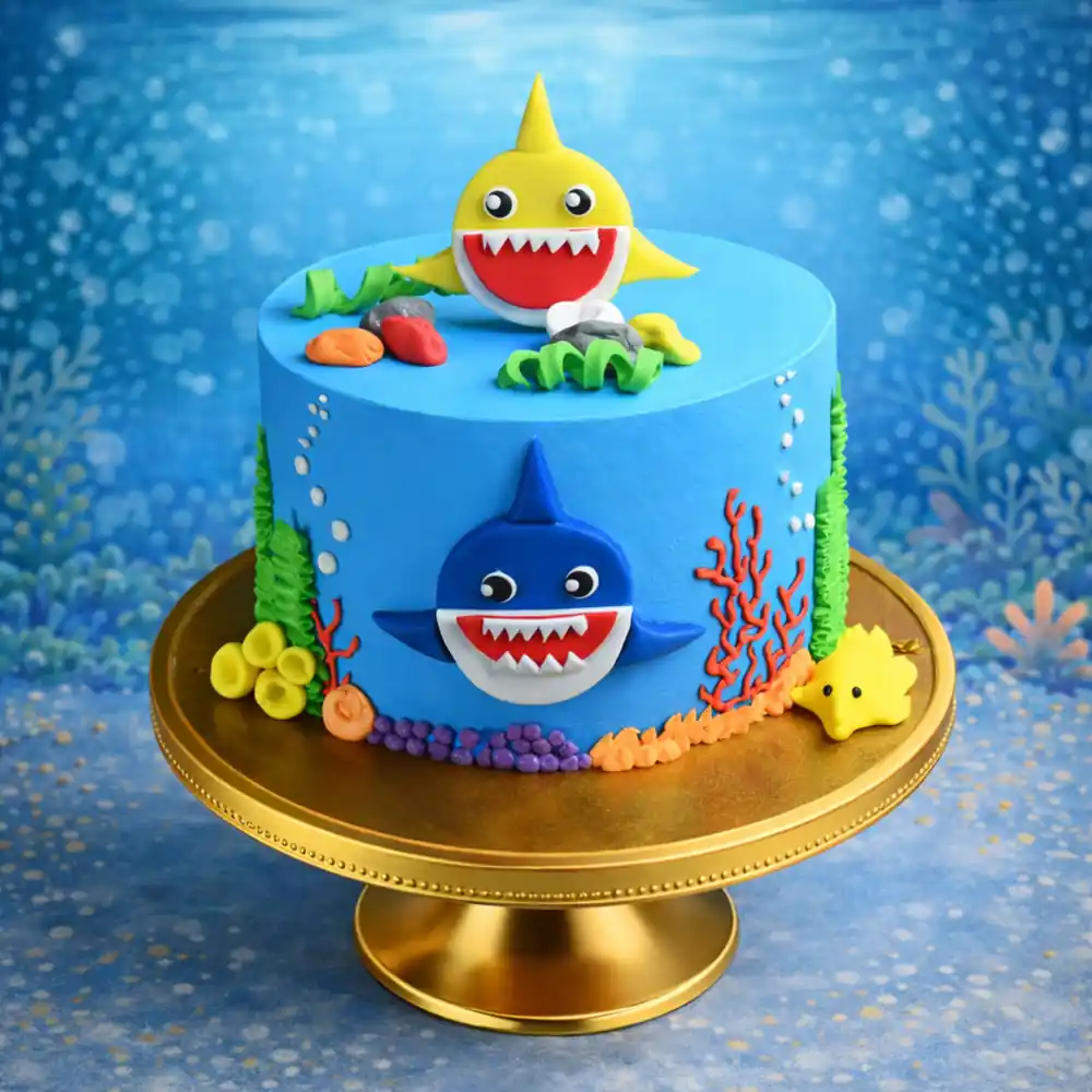 Baby Shark Coral Reef Theme Cake - TF Cakes Online Delivery Freshly baked handcrafted Baby Shark Coral Reef Theme Cake – Cake design by TF Cakes