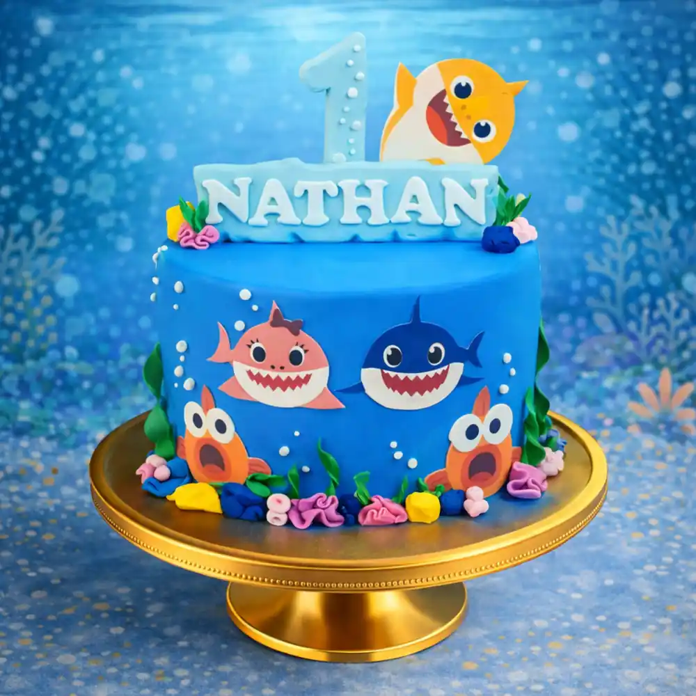 Personalized Baby Shark Theme Cake with Name - TF Cakes Online Delivery Freshly baked handcrafted Personalized Baby Shark Theme Cake with Name – Cake design by TF Cakes