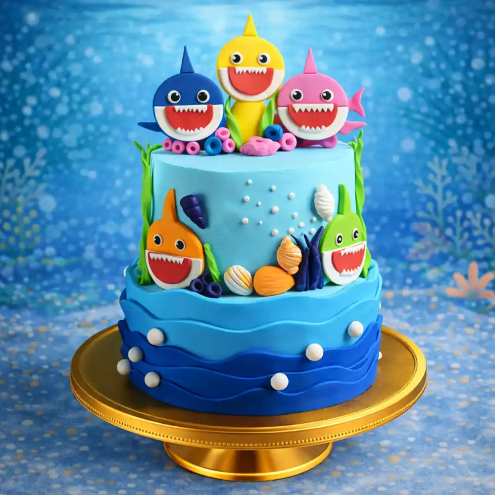 Two Tier Baby Shark Ocean Theme Cake - TF Cakes Online Delivery Freshly baked handcrafted Two Tier Baby Shark Ocean Theme Cake – Cake design by TF Cakes