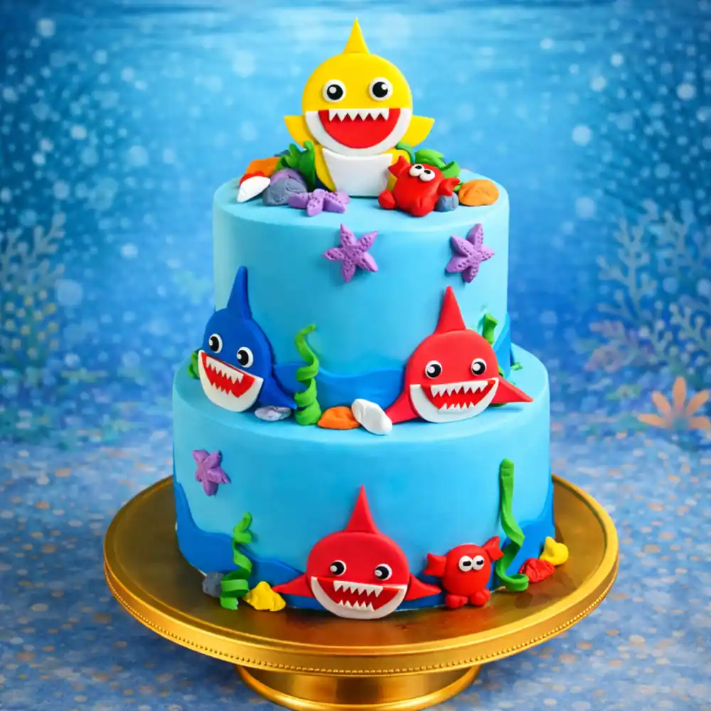 Baby Shark Party Theme Two Tier Cake - TF Cakes Online Delivery Freshly baked handcrafted Baby Shark Party Theme Two Tier Cake – Cake design by TF Cakes