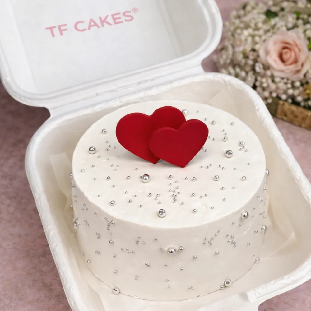 Silver Pearl Hearts Bento Cake - TF Cakes Online Delivery Freshly baked handcrafted Silver Pearl Hearts Bento Cake – Cake design by TF Cakes
