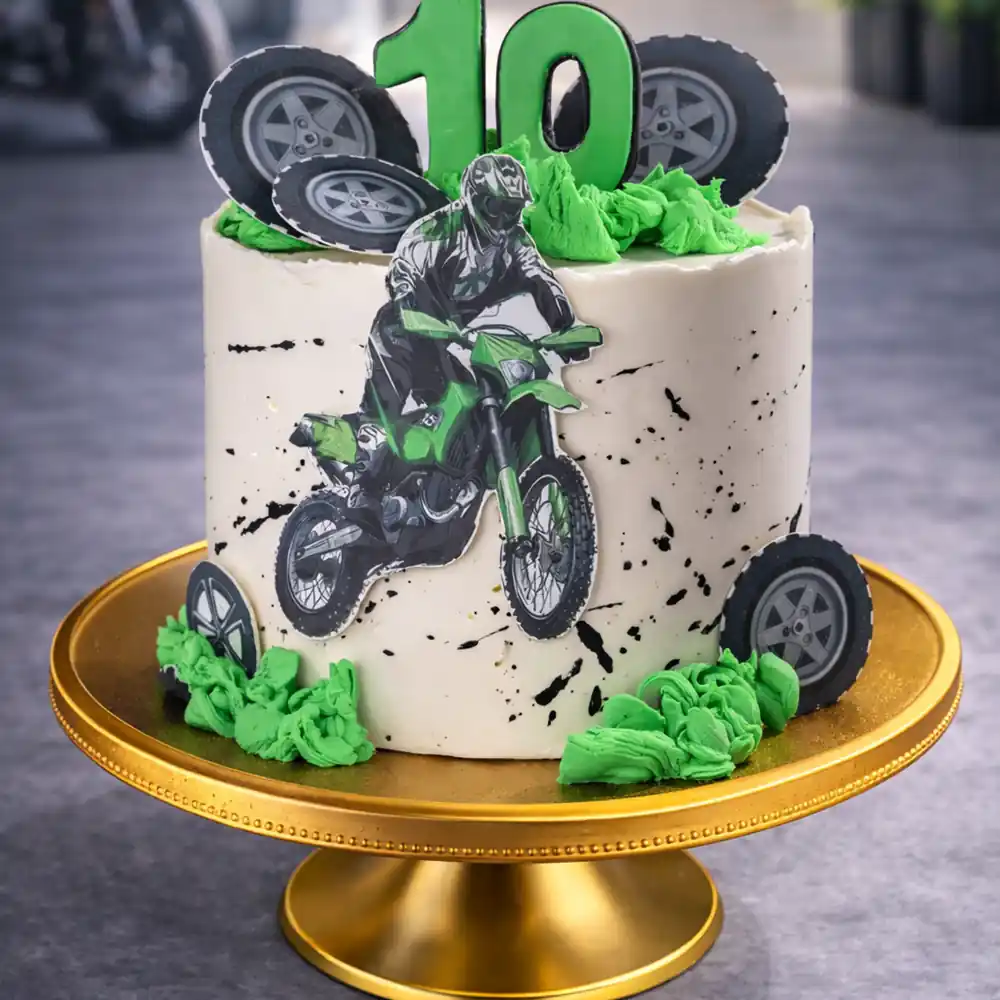 Green Dirt Bike Off Road Theme Cake - TF Cakes Online Delivery Freshly baked handcrafted Green Dirt Bike Off Road Theme Cake – Cake design by TF Cakes