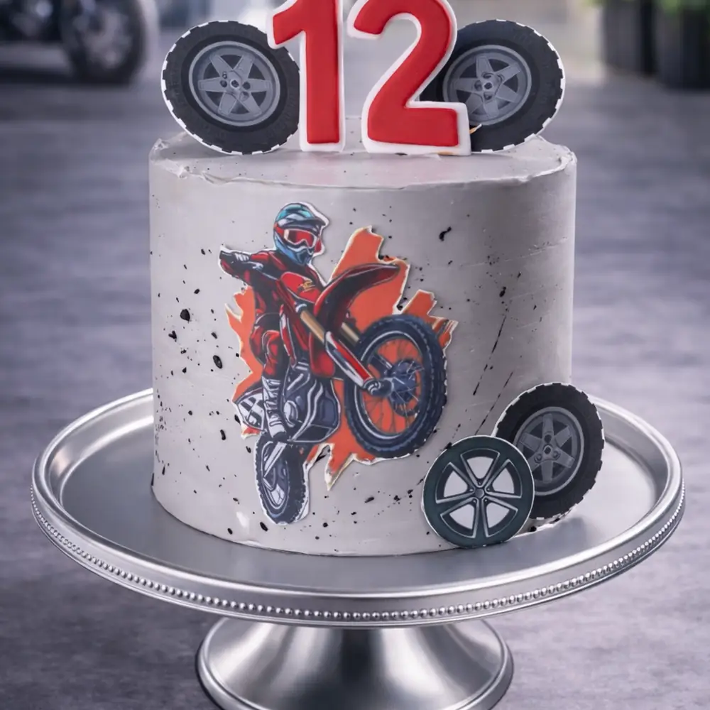 Red Motocross Rider Theme Cake - TF Cakes Online Delivery Freshly baked handcrafted Red Motocross Rider Theme Cake – Cake design by TF Cakes