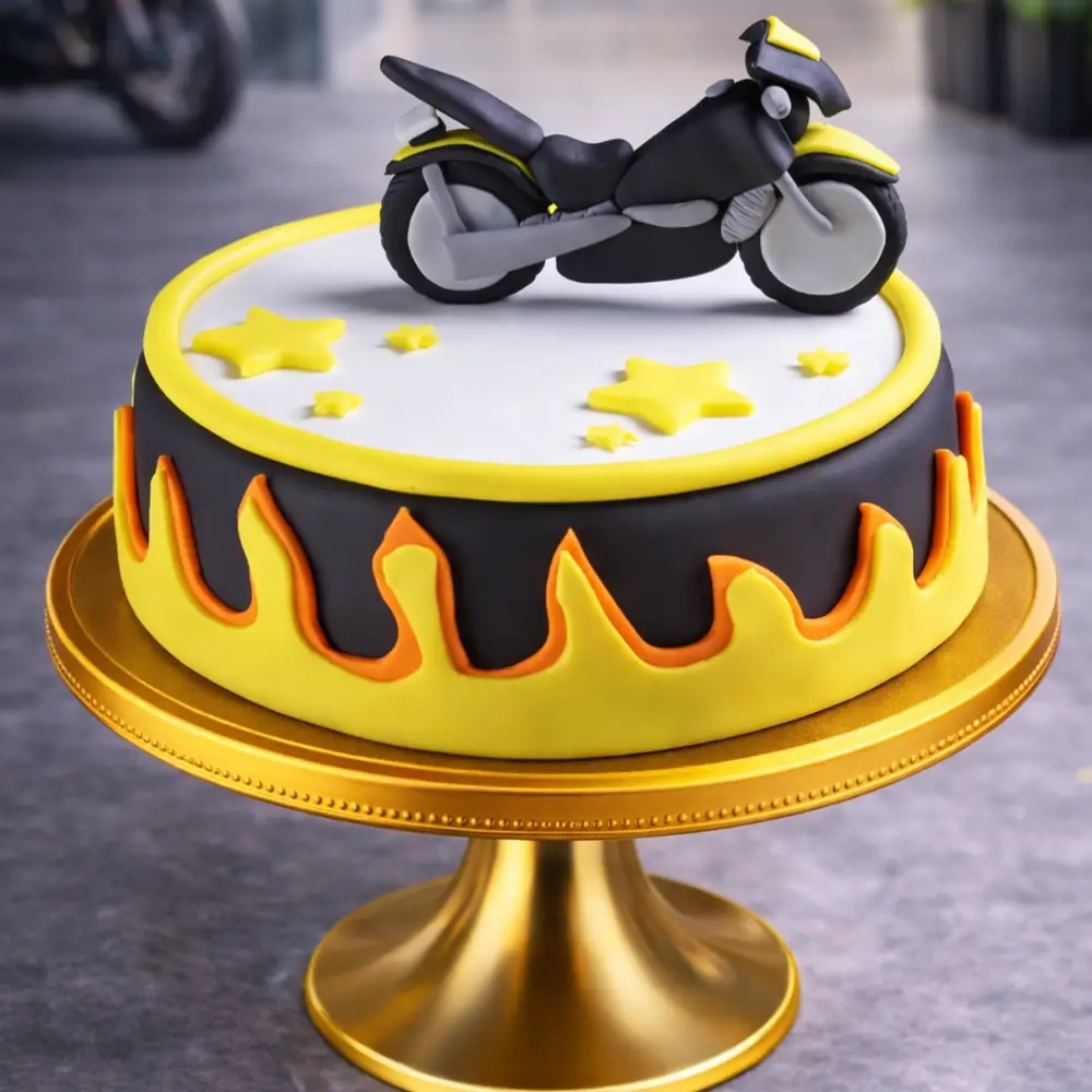 Flaming Sports Bike Fondant Theme Cake - TF Cakes Online Delivery Freshly baked handcrafted Flaming Sports Bike Fondant Theme Cake – Cake design by TF Cakes