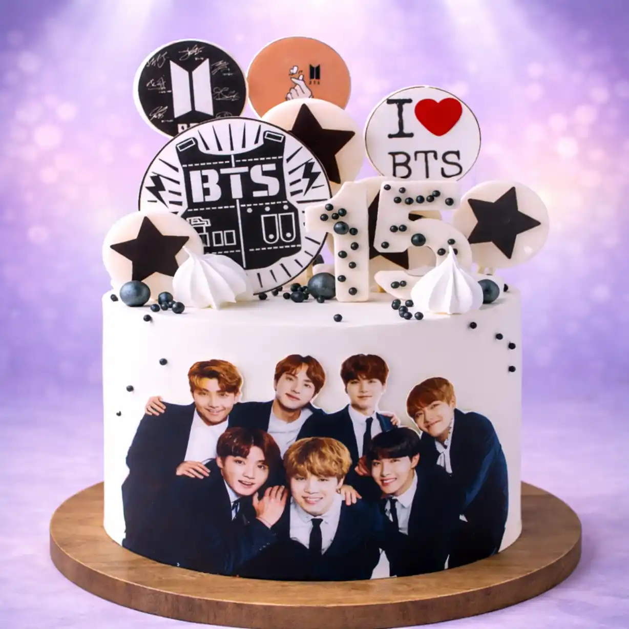 BTS Celebration Theme Cake with Toppers - TF Cakes Online Delivery Freshly baked handcrafted BTS Celebration Theme Cake with Toppers – Cake design by TF Cakes