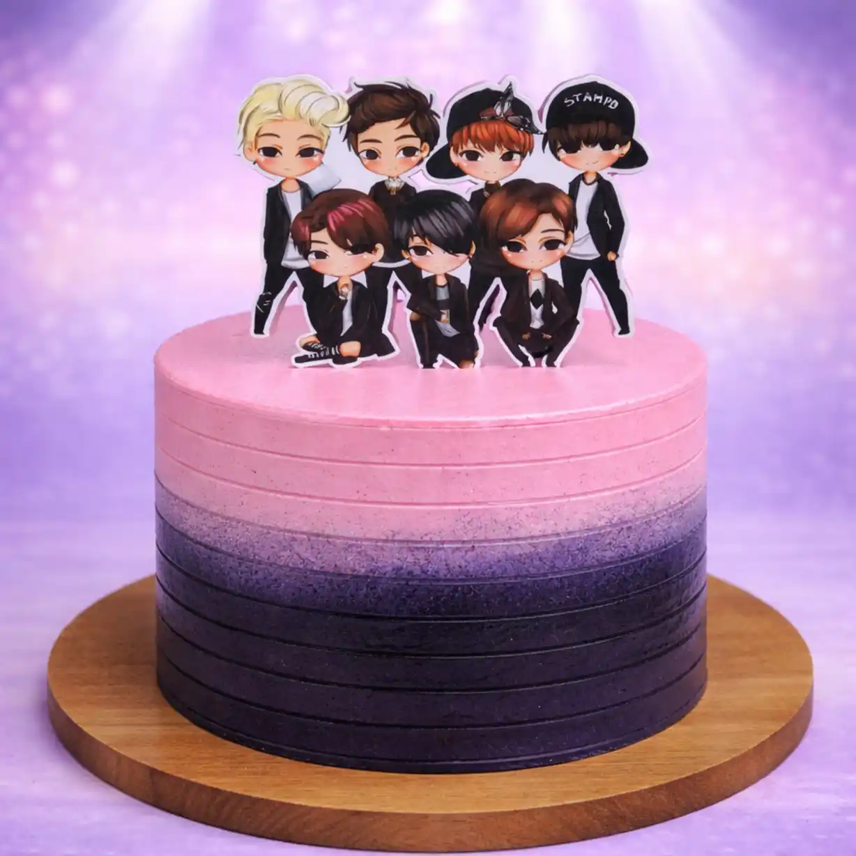 Purple Ombre Chibi BTS Theme Cake - TF Cakes Online Delivery Freshly baked handcrafted Purple Ombre Chibi BTS Theme Cake – Cake design by TF Cakes