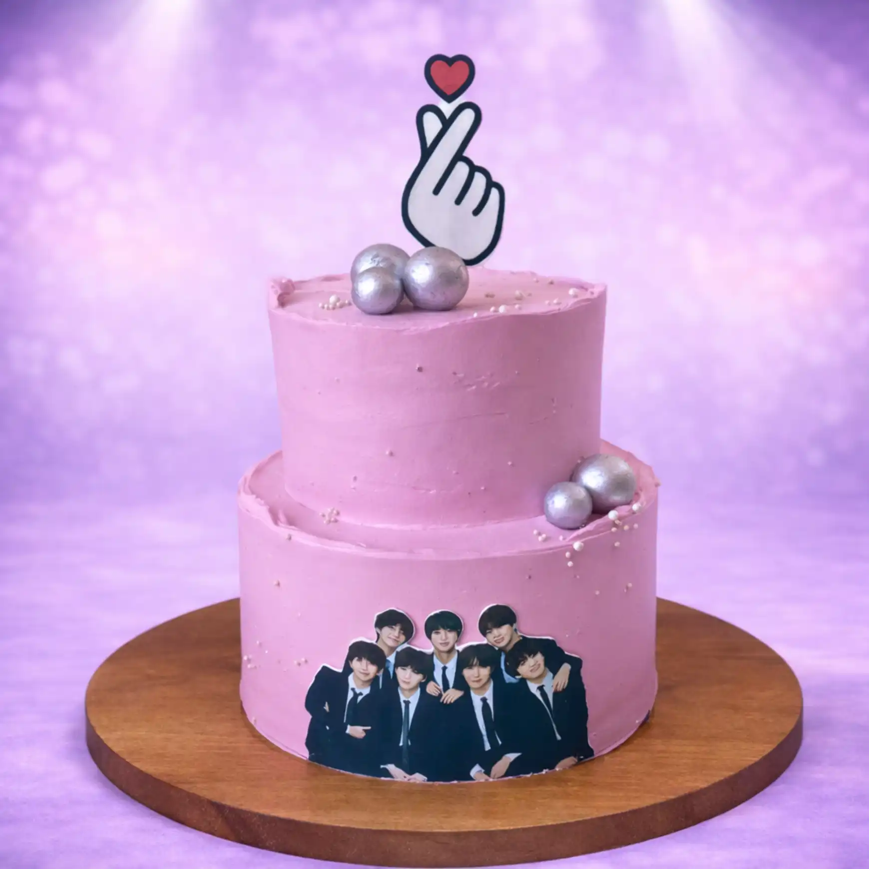 Two Tier Pink BTS Theme Birthday Cake - TF Cakes Online Delivery Freshly baked handcrafted Two Tier Pink BTS Theme Birthday Cake – Cake design by TF Cakes