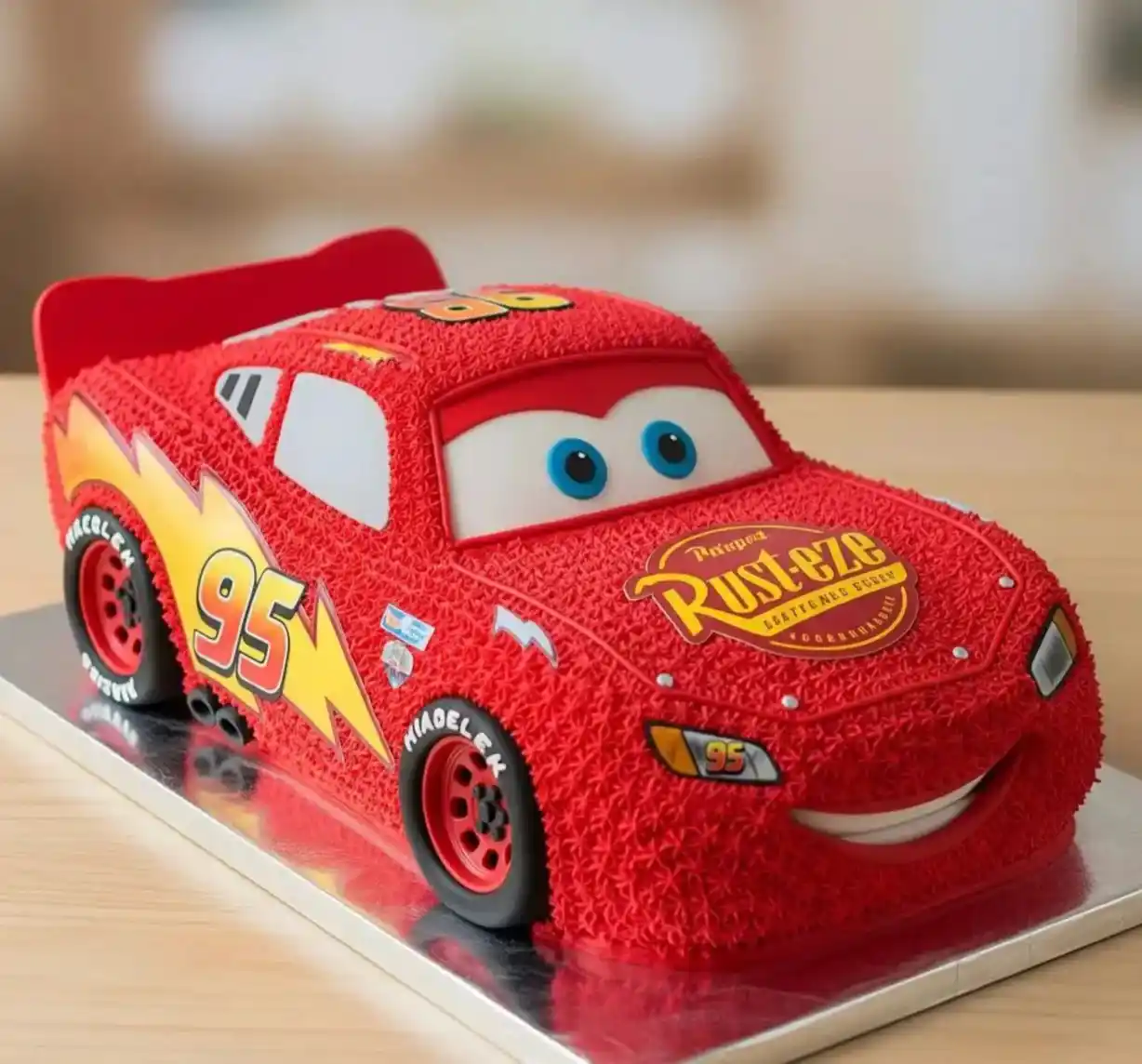 Lightning McQueen Car Theme Birthday Cake - TF Cakes Online Delivery Freshly baked handcrafted Lightning McQueen Car Theme Birthday Cake – Cake design by TF Cakes
