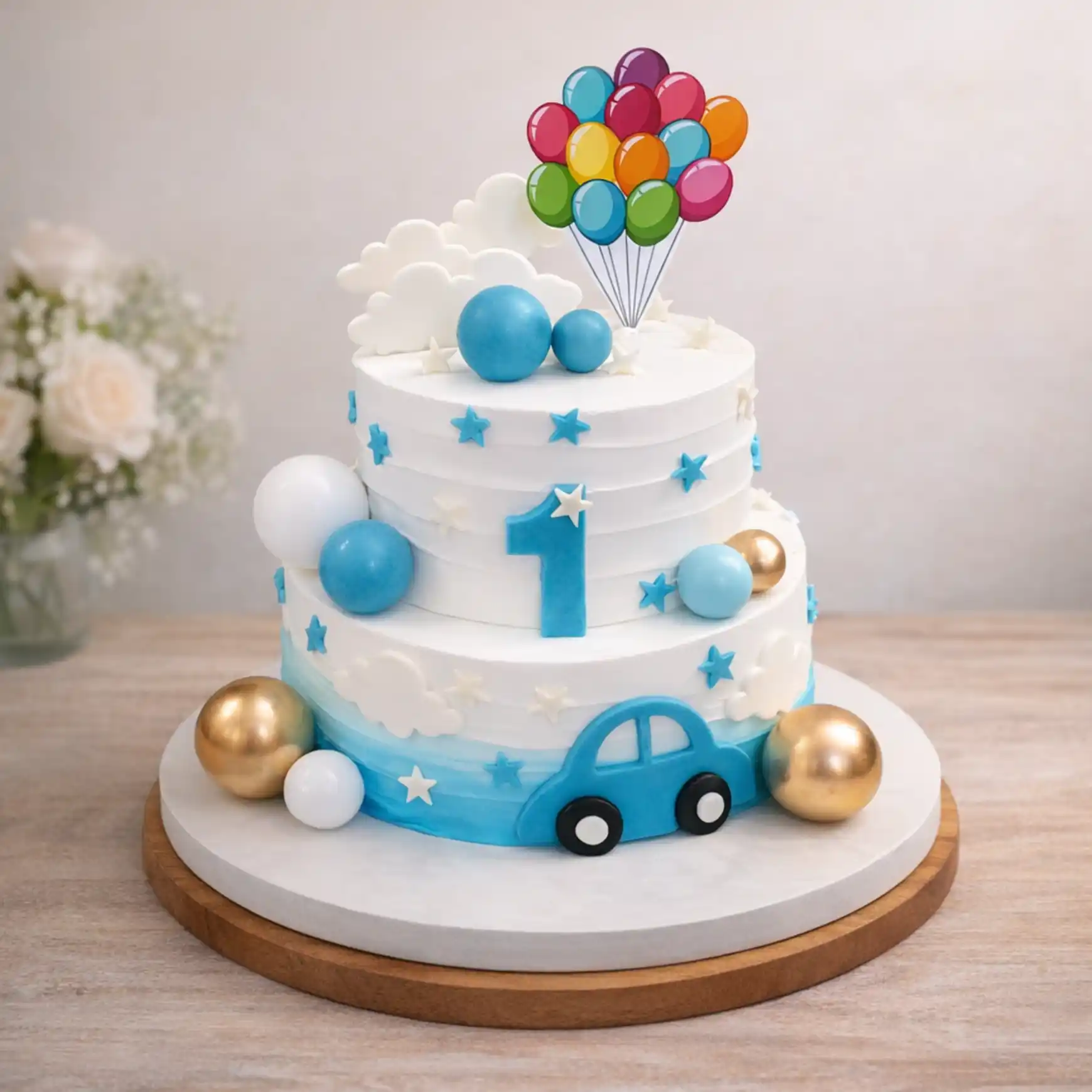 Two Tier Blue Car Theme Birthday Cake - TF Cakes Online Delivery Freshly baked handcrafted Two Tier Blue Car Theme Birthday Cake – Cake design by TF Cakes