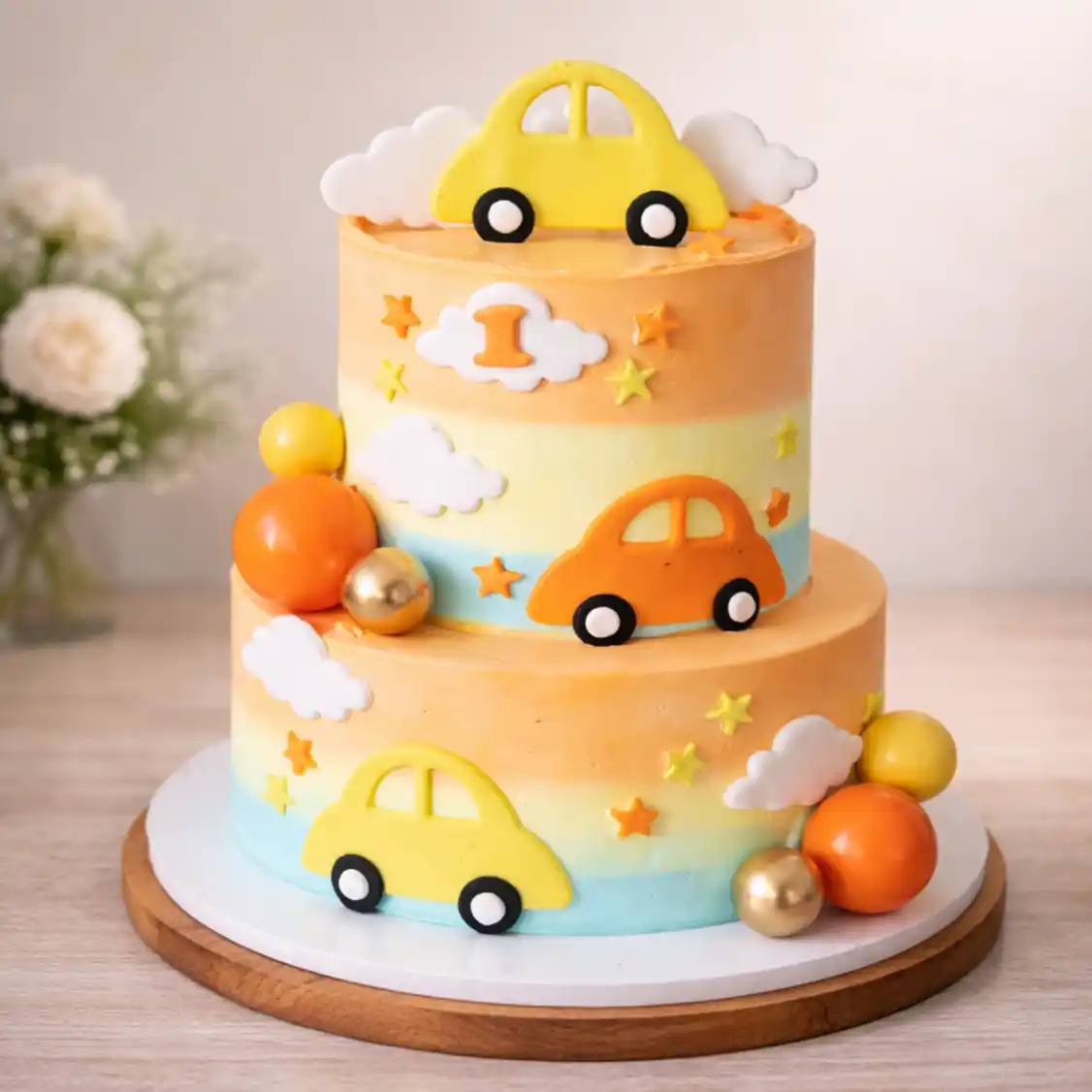 Colorful Cars Theme Kids Birthday Cake - TF Cakes Online Delivery Freshly baked handcrafted Colorful Cars Theme Kids Birthday Cake – Cake design by TF Cakes