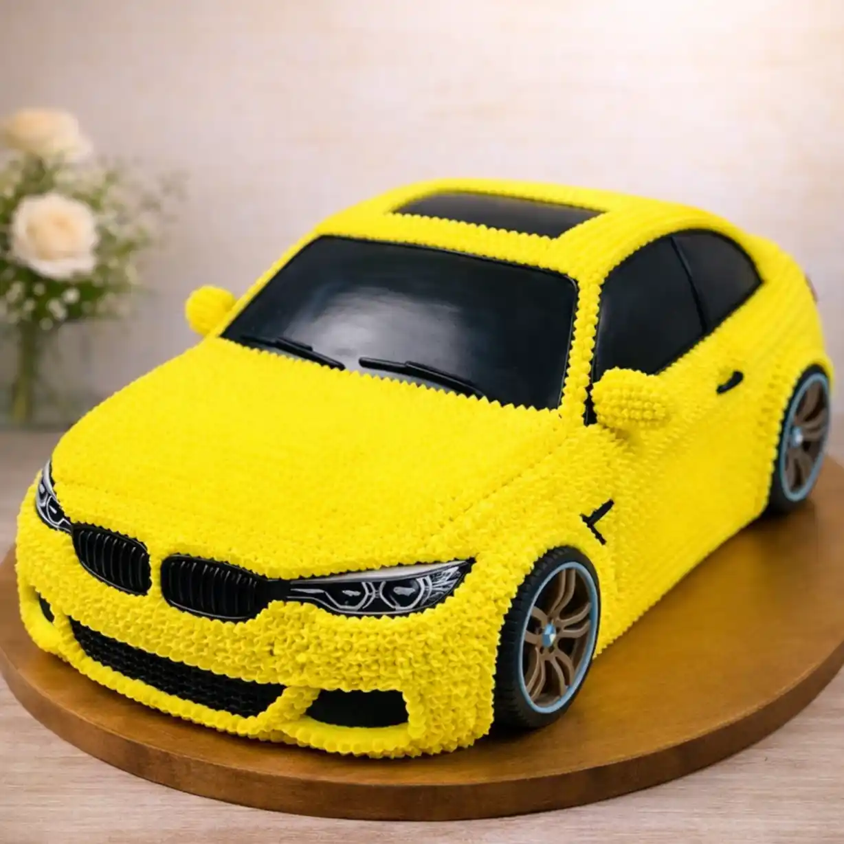 Yellow BMW Car Shape Birthday Cake - TF Cakes Online Delivery Freshly baked handcrafted Yellow BMW Car Shape Birthday Cake – Cake design by TF Cakes