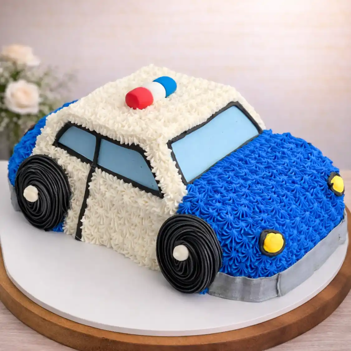 Blue & White Police Car Shape Birthday Cake - TF Cakes Online Delivery Freshly baked handcrafted Blue & White Police Car Shape Birthday Cake – Cake design by TF Cakes