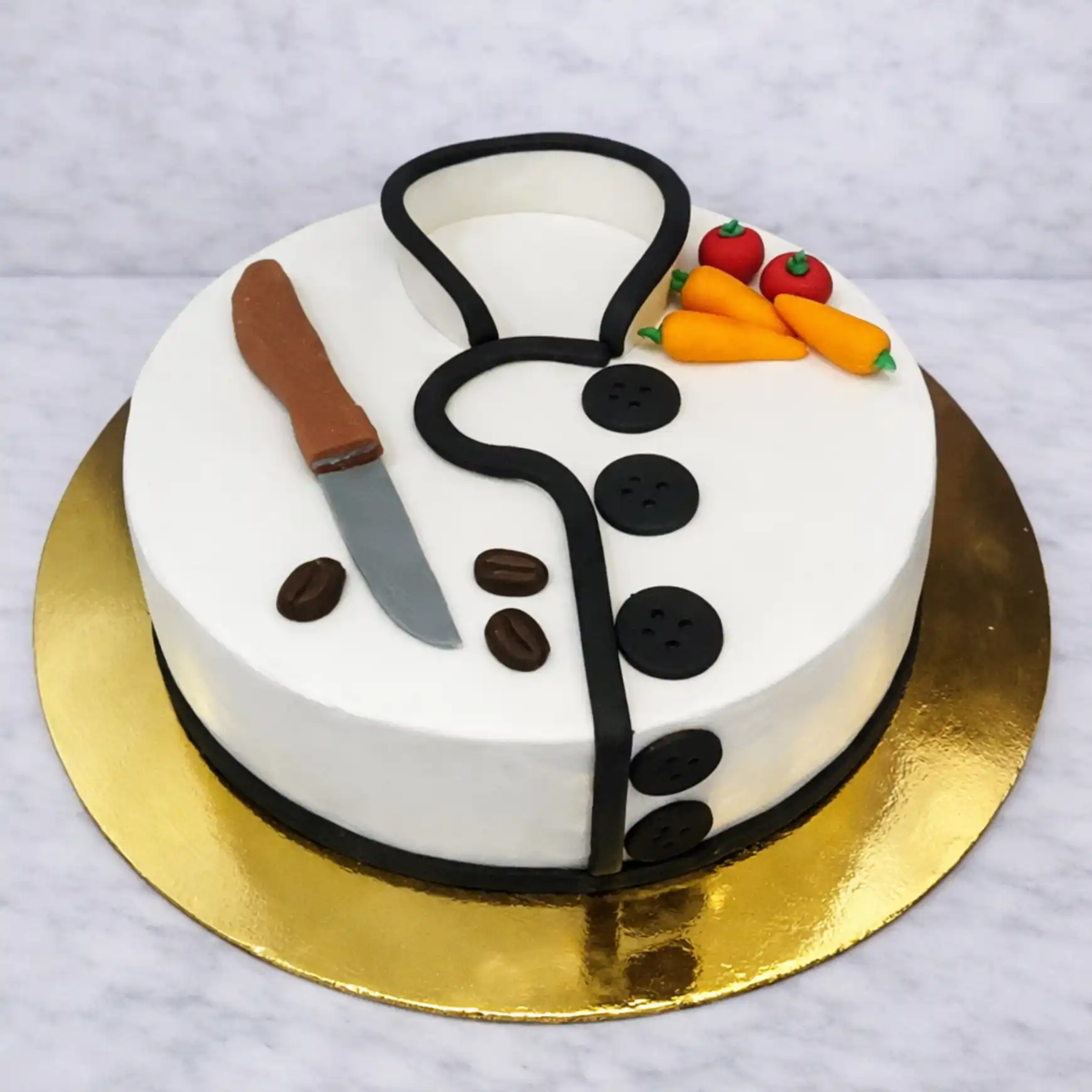 Round Chef Jacket Cake with Knife & Veggies - TF Cakes Online Delivery Freshly baked handcrafted Round Chef Jacket Cake with Knife & Veggies – Cake design by TF Cakes