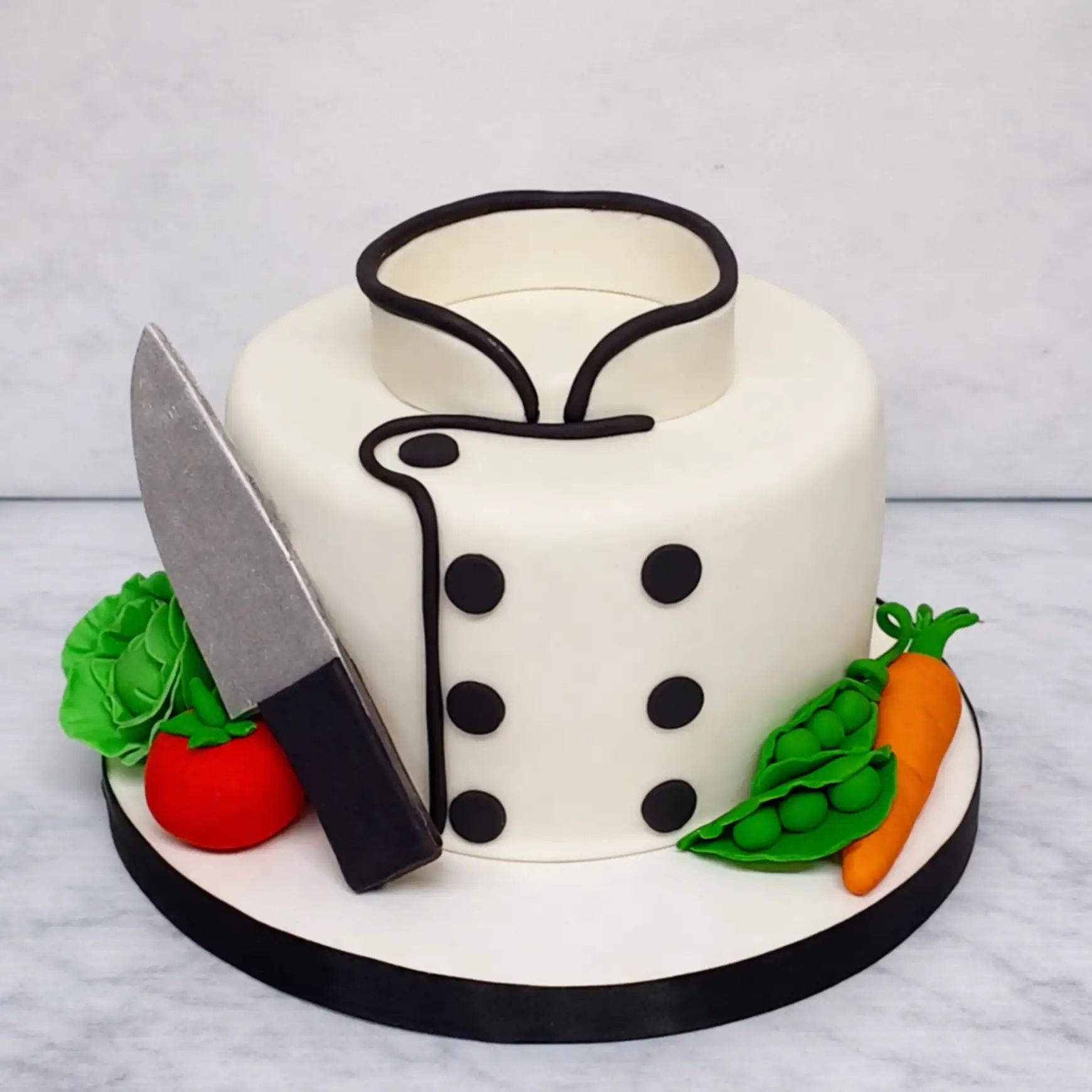 Chef Jacket Cake with Knife & Vegetables - TF Cakes Online Delivery Freshly baked handcrafted Chef Jacket Cake with Knife & Vegetables – Cake design by TF Cakes