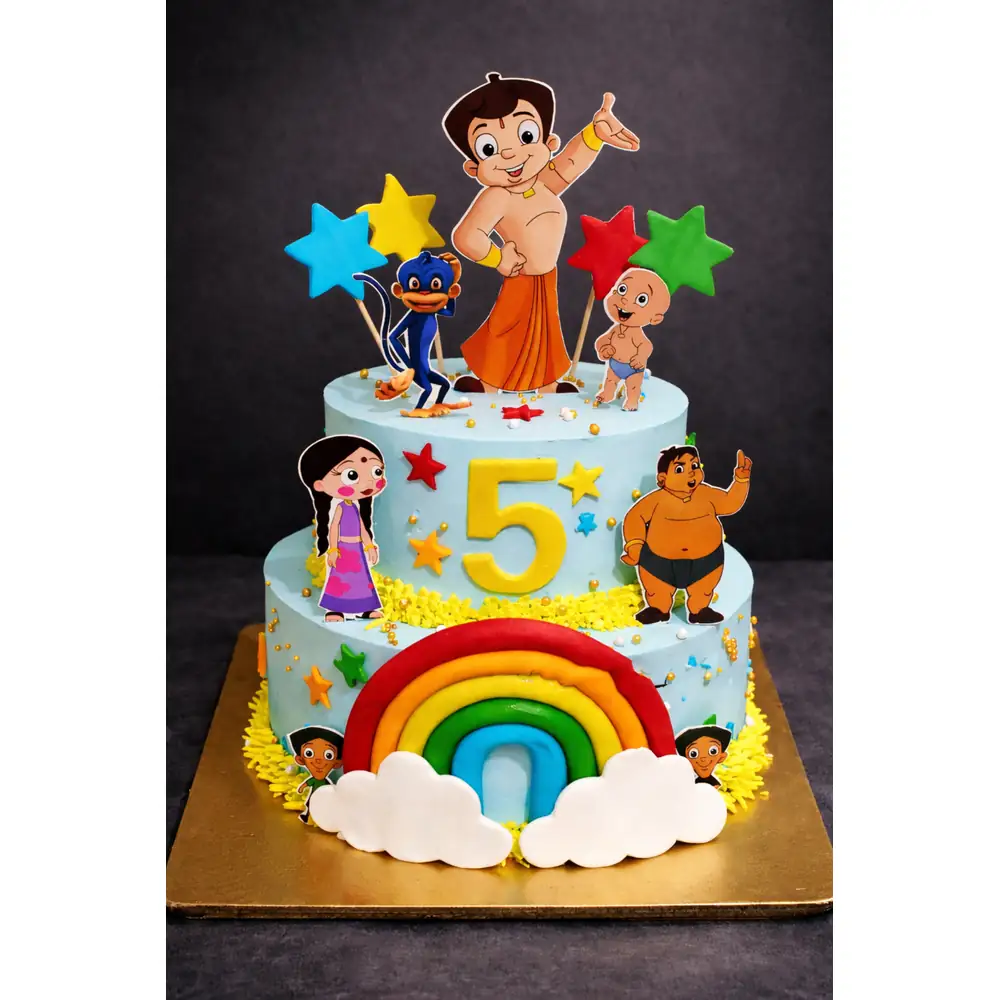 Two Tier Chhota Bheem Theme Birthday Cake - TF Cakes Online Delivery Freshly baked handcrafted Two Tier Chhota Bheem Theme Birthday Cake – Cake design by TF Cakes