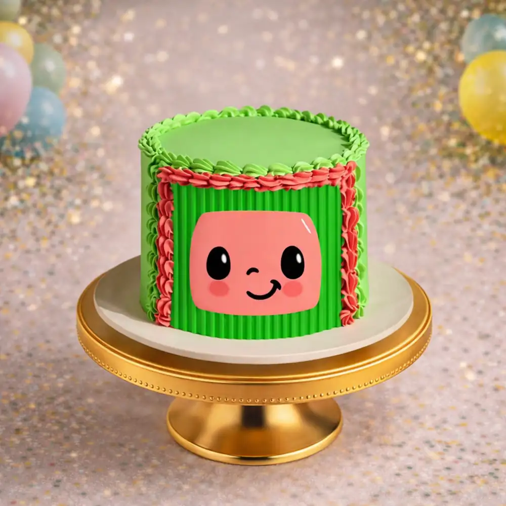 Cocomelon Theme Single Tier Birthday Cake - TF Cakes Online Delivery Freshly baked handcrafted Cocomelon Theme Single Tier Birthday Cake – Cake design by TF Cakes