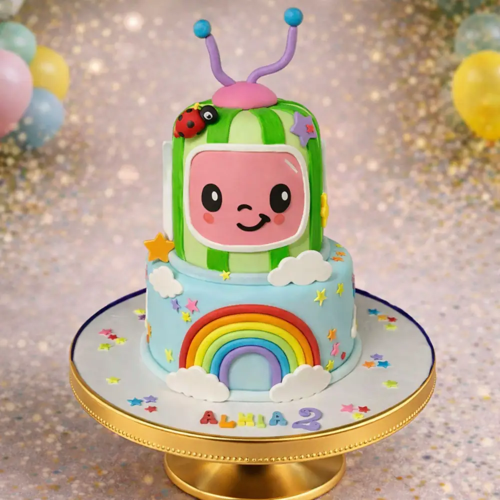 Two Tier Cocomelon Rainbow Theme Cake - TF Cakes Online Delivery Freshly baked handcrafted Two Tier Cocomelon Rainbow Theme Cake – Cake design by TF Cakes