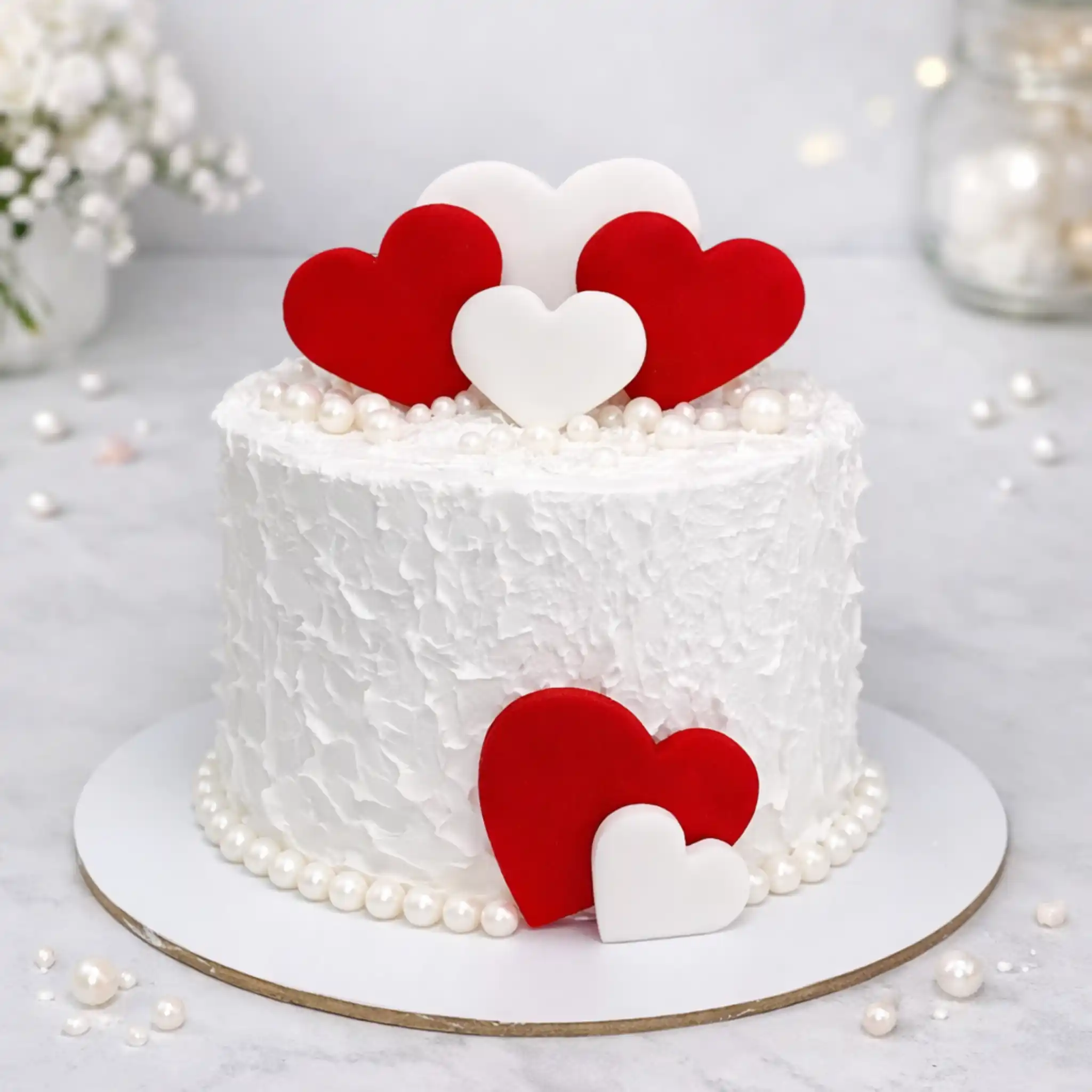 Red & White Heart Pearl Valentine Cake - TF Cakes Online Delivery Freshly baked handcrafted Red & White Heart Pearl Valentine Cake – Cake design by TF Cakes