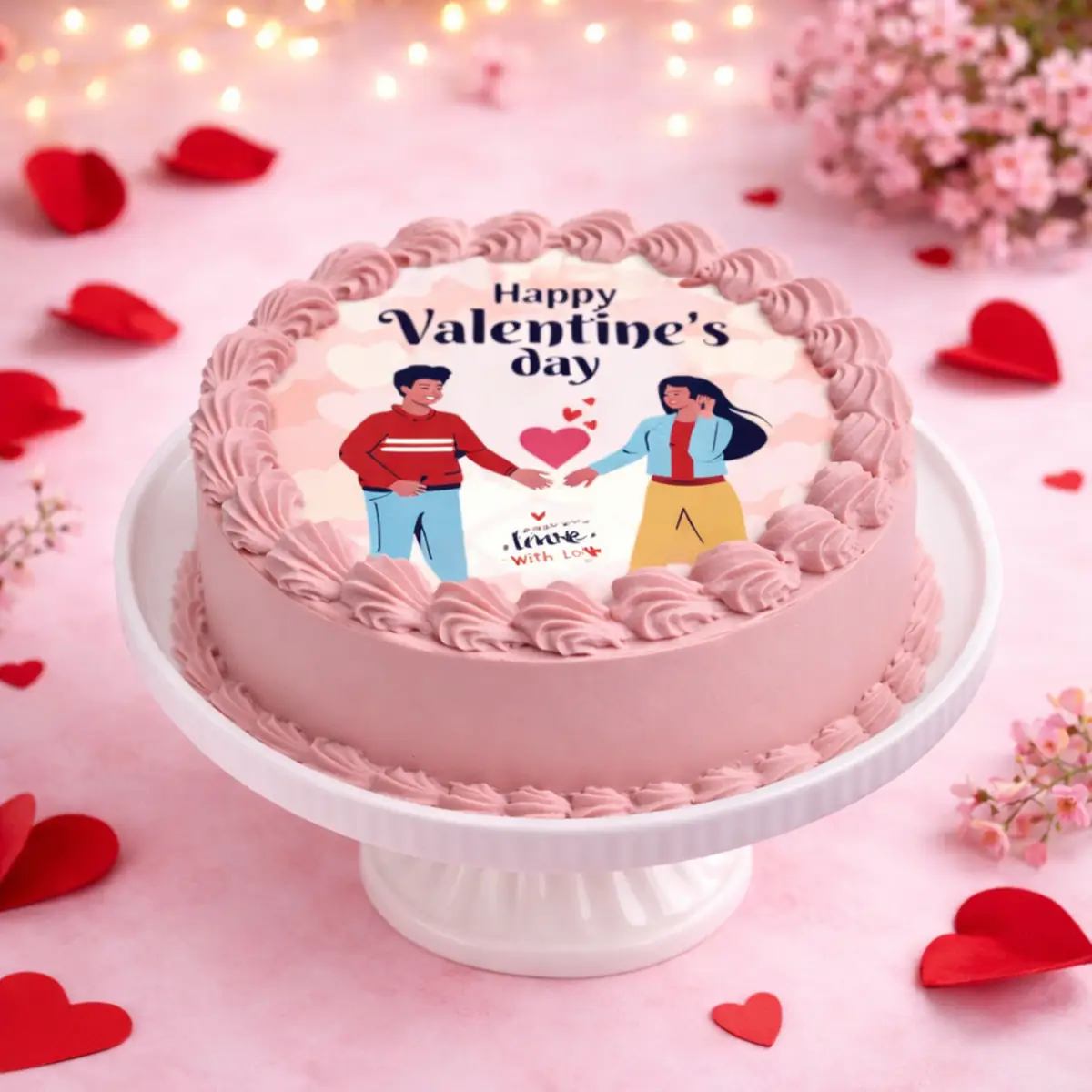 Cute Couple Theme Valentine Cake - TF Cakes Online Delivery Freshly baked handcrafted Cute Couple Theme Valentine Cake – Cake design by TF Cakes