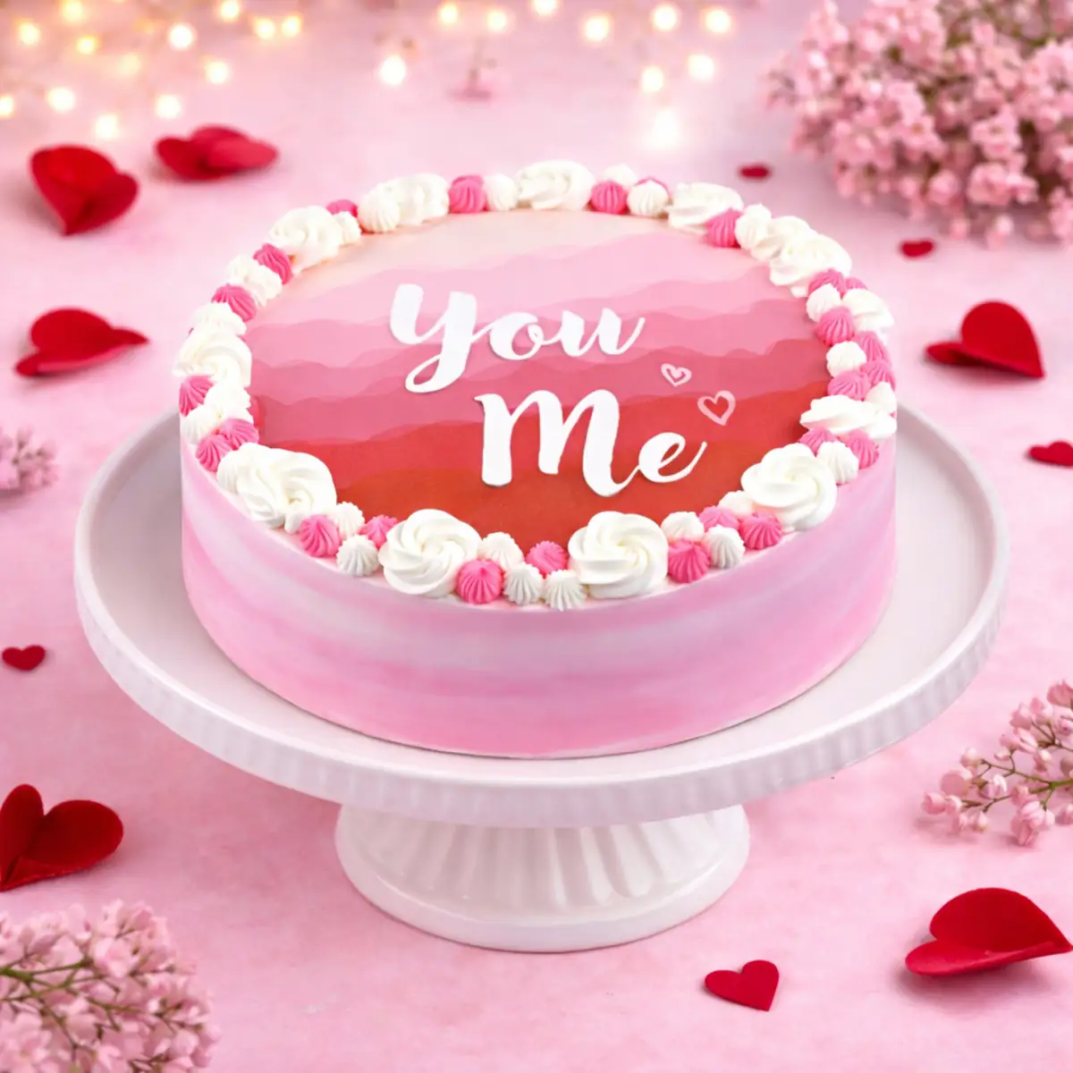 You & Me Valentine Pink Cake - TF Cakes Online Delivery Freshly baked handcrafted You & Me Valentine Pink Cake – Cake design by TF Cakes