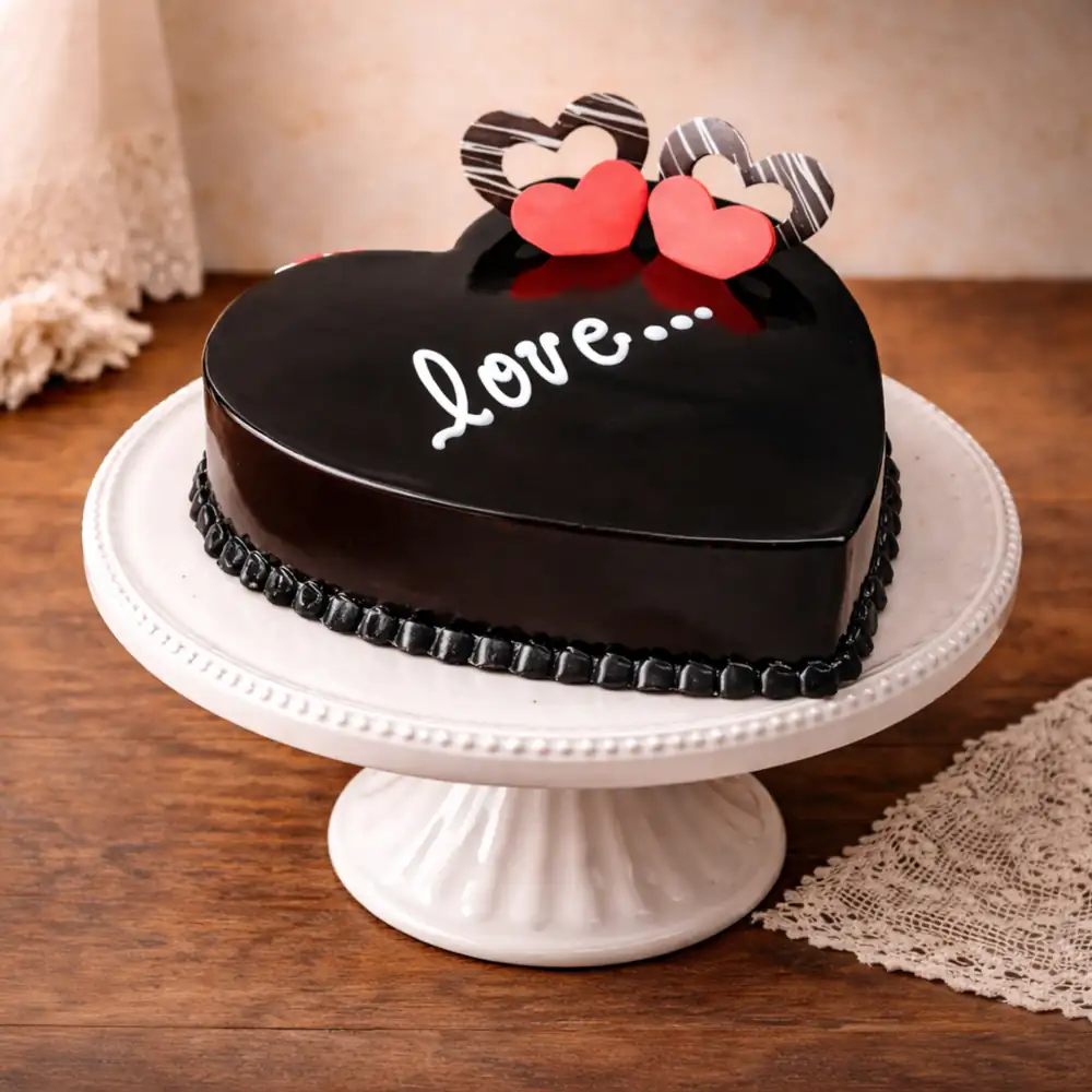 Love Theme Heart Shape Chocolate Cake - TF Cakes Online Delivery Freshly baked handcrafted Love Theme Heart Shape Chocolate Cake – Cake design by TF Cakes
