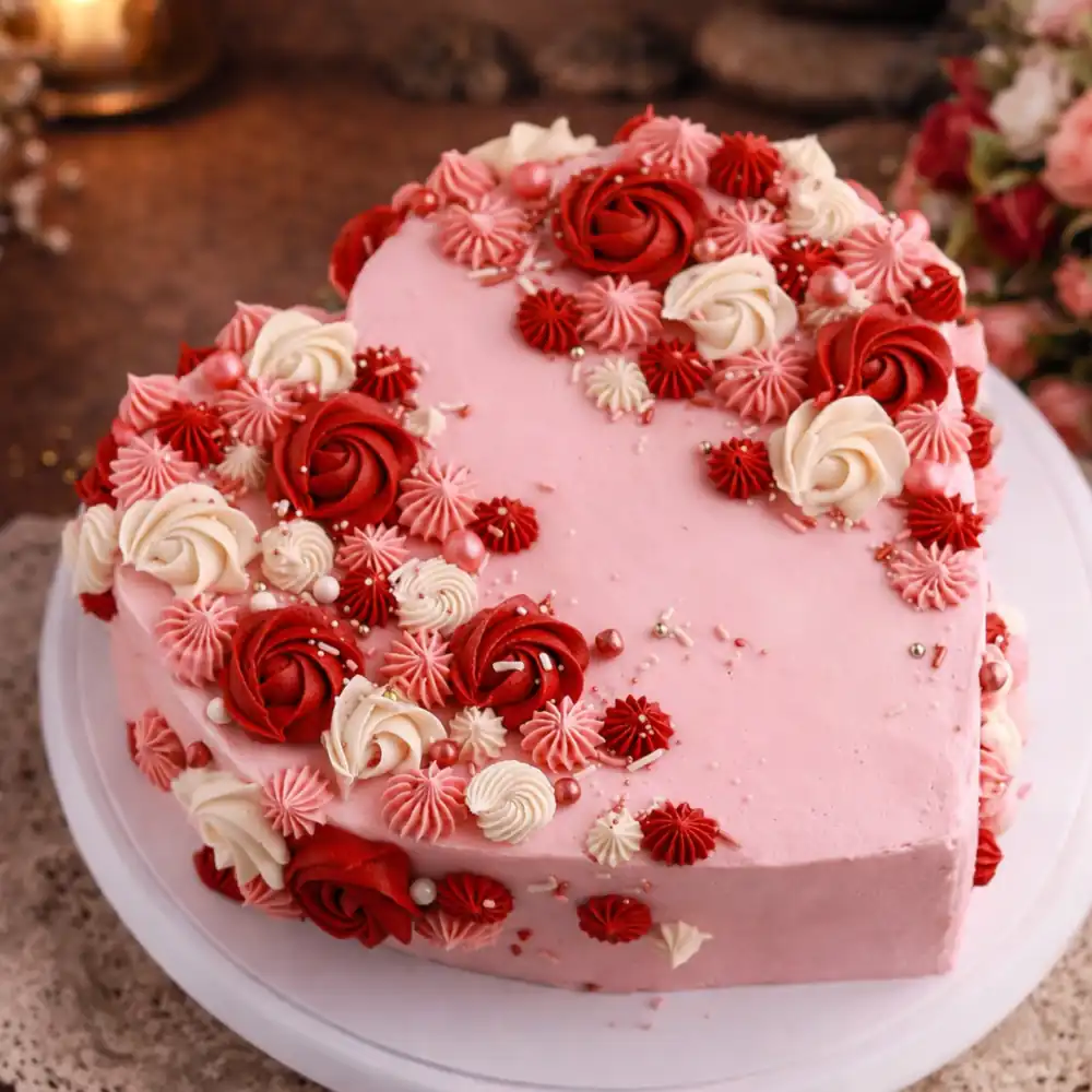 Pink Floral Heart Shape Cake - TF Cakes Online Delivery Freshly baked handcrafted Pink Floral Heart Shape Cake – Cake design by TF Cakes