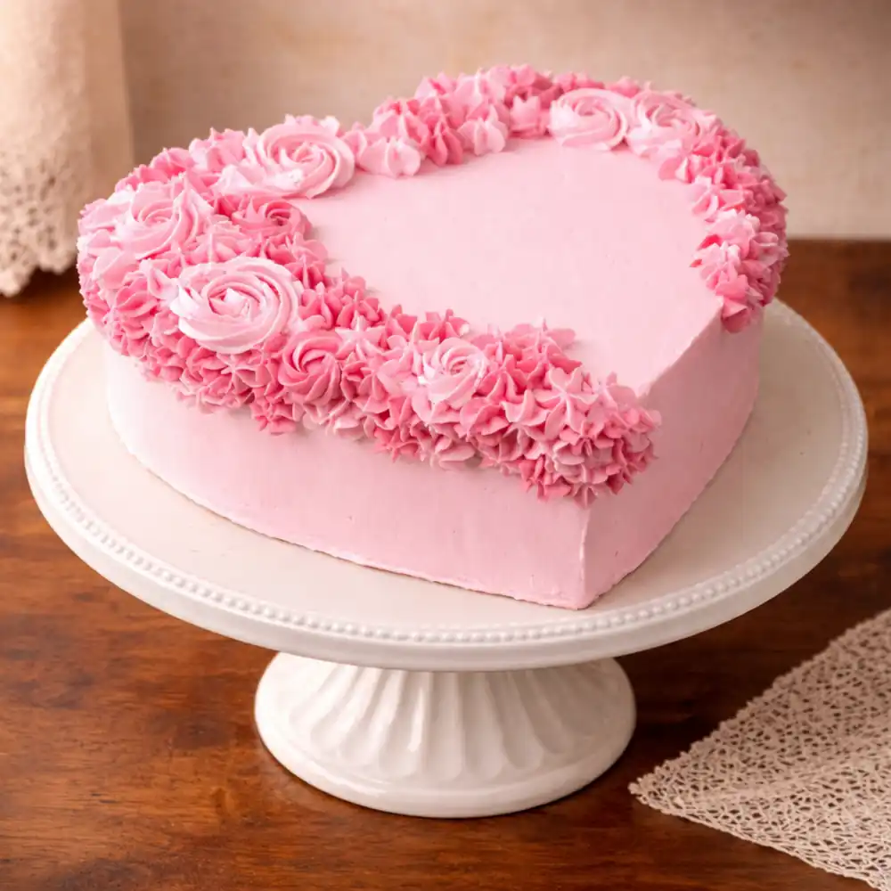 Pink Rose Heart Shape Cream Cake - TF Cakes Online Delivery Freshly baked handcrafted Pink Rose Heart Shape Cream Cake – Cake design by TF Cakes