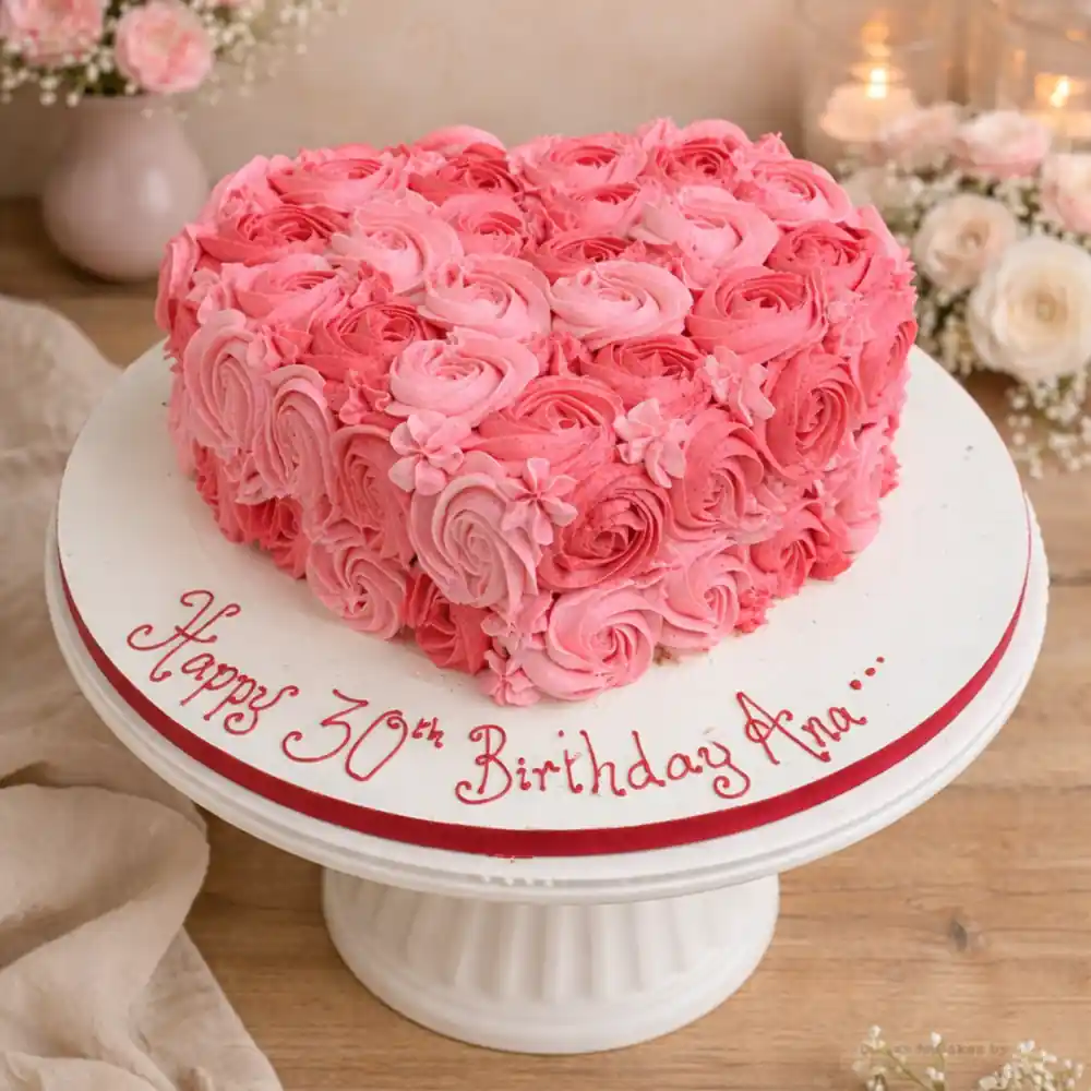 Freshly baked handcrafted Rosette Ombre Heart Shape Birthday Cake – Cake design by TF Cakes