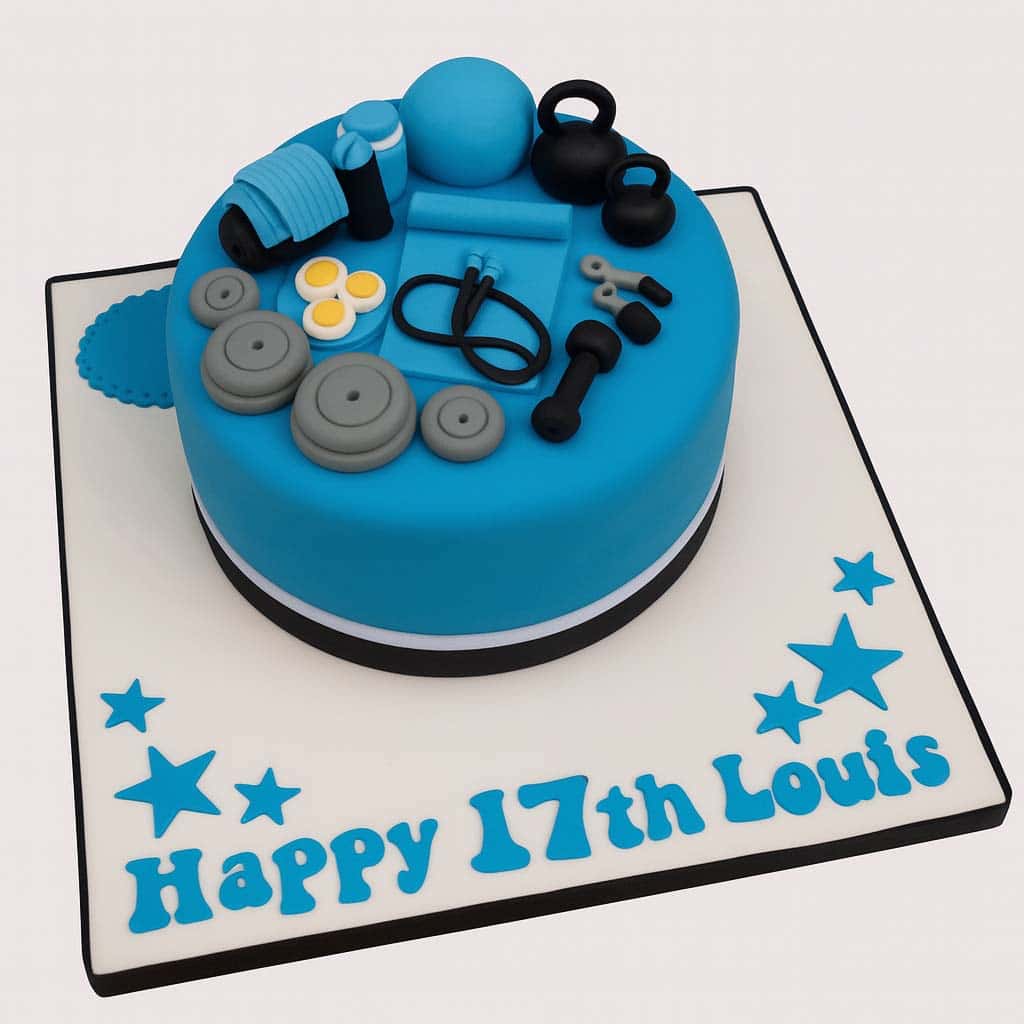 Gym Essentials Blue Cake - TF Cakes Online Delivery Freshly baked handcrafted Gym Essentials Blue Cake – Cake design by TF Cakes