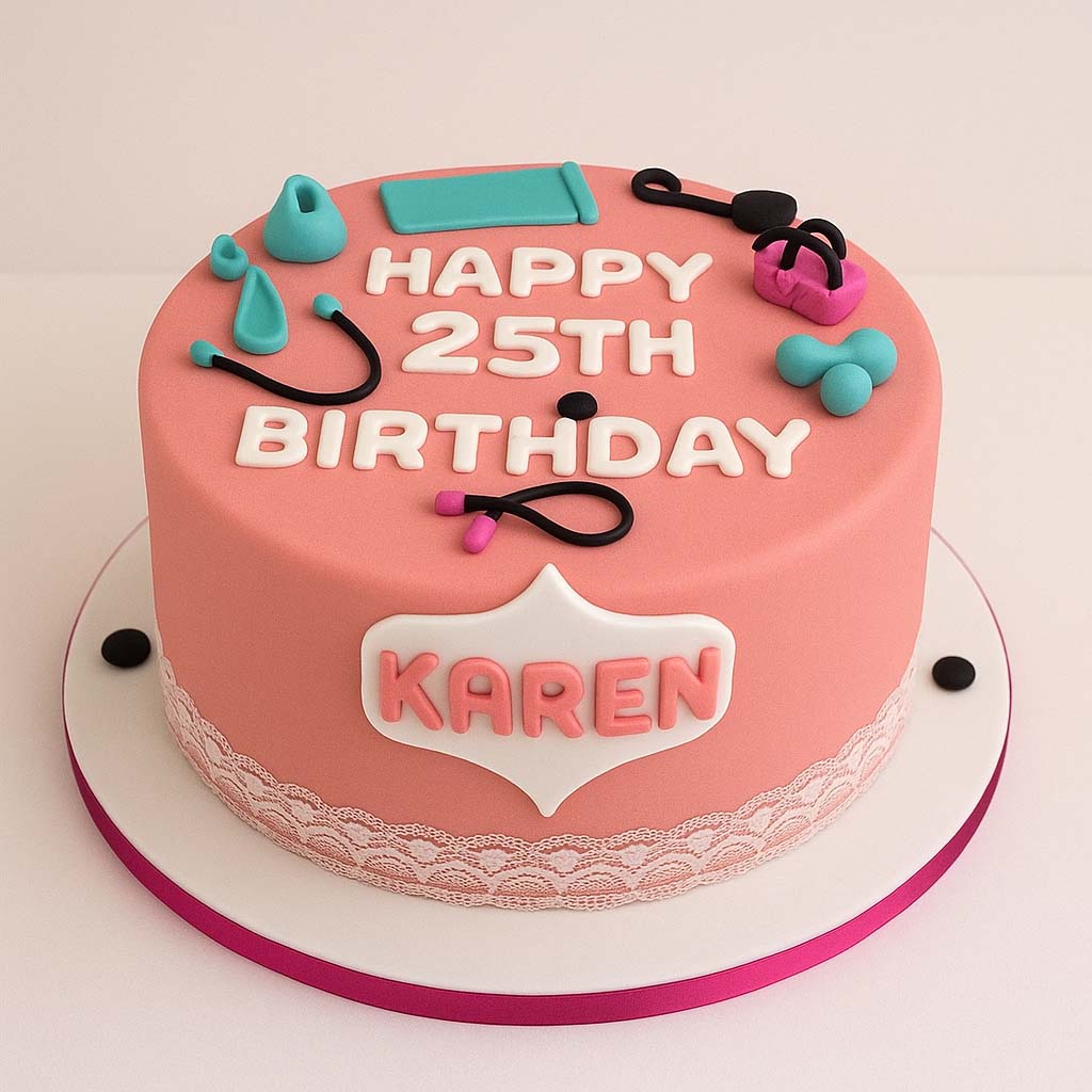 Pink Fitness Theme Cake for Women - TF Cakes Online Delivery Freshly baked handcrafted Pink Fitness Theme Cake for Women – Cake design by TF Cakes