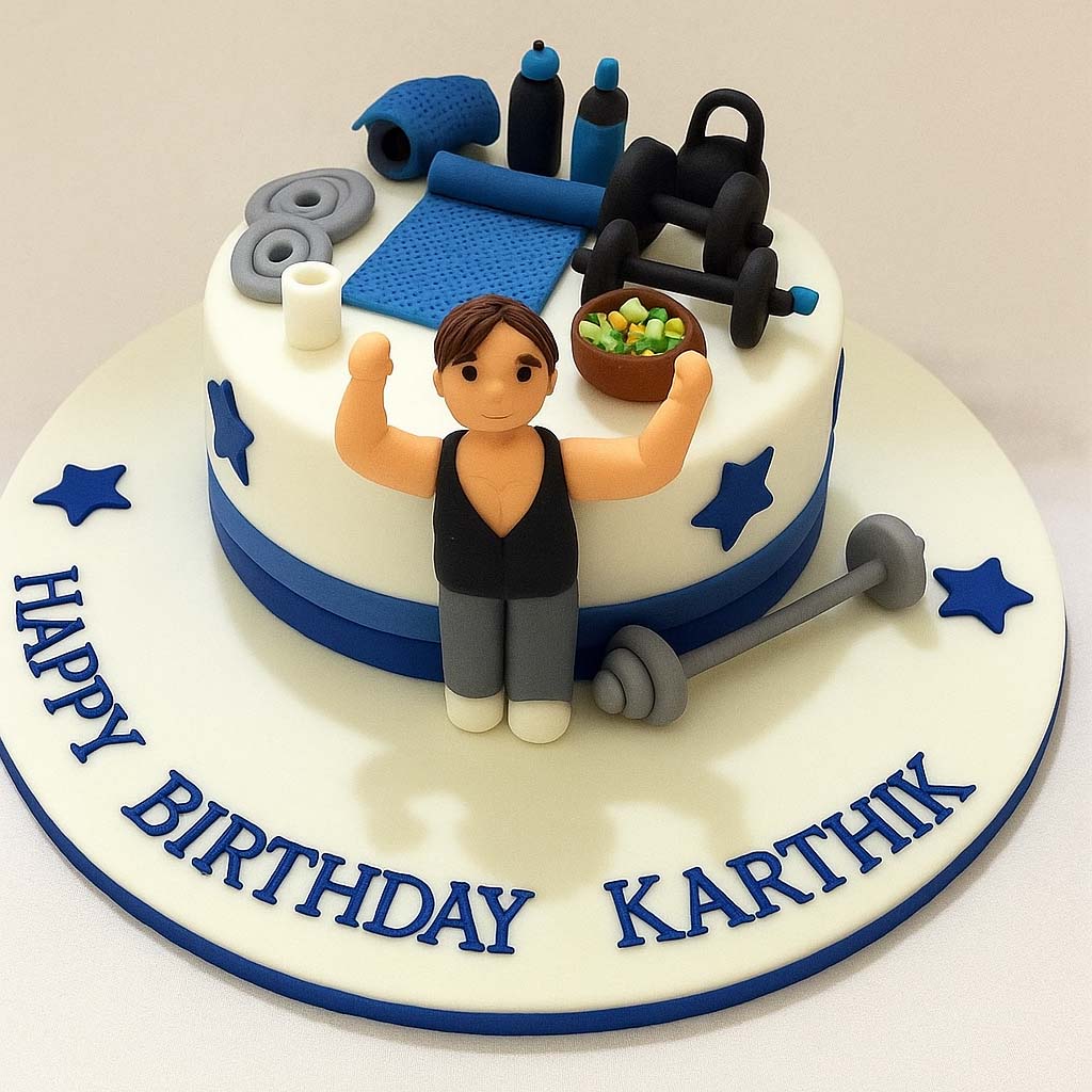 Gym Workout Cake with Fitness Figurine - TF Cakes Online Delivery Freshly baked handcrafted Gym Workout Cake with Fitness Figurine – Cake design by TF Cakes