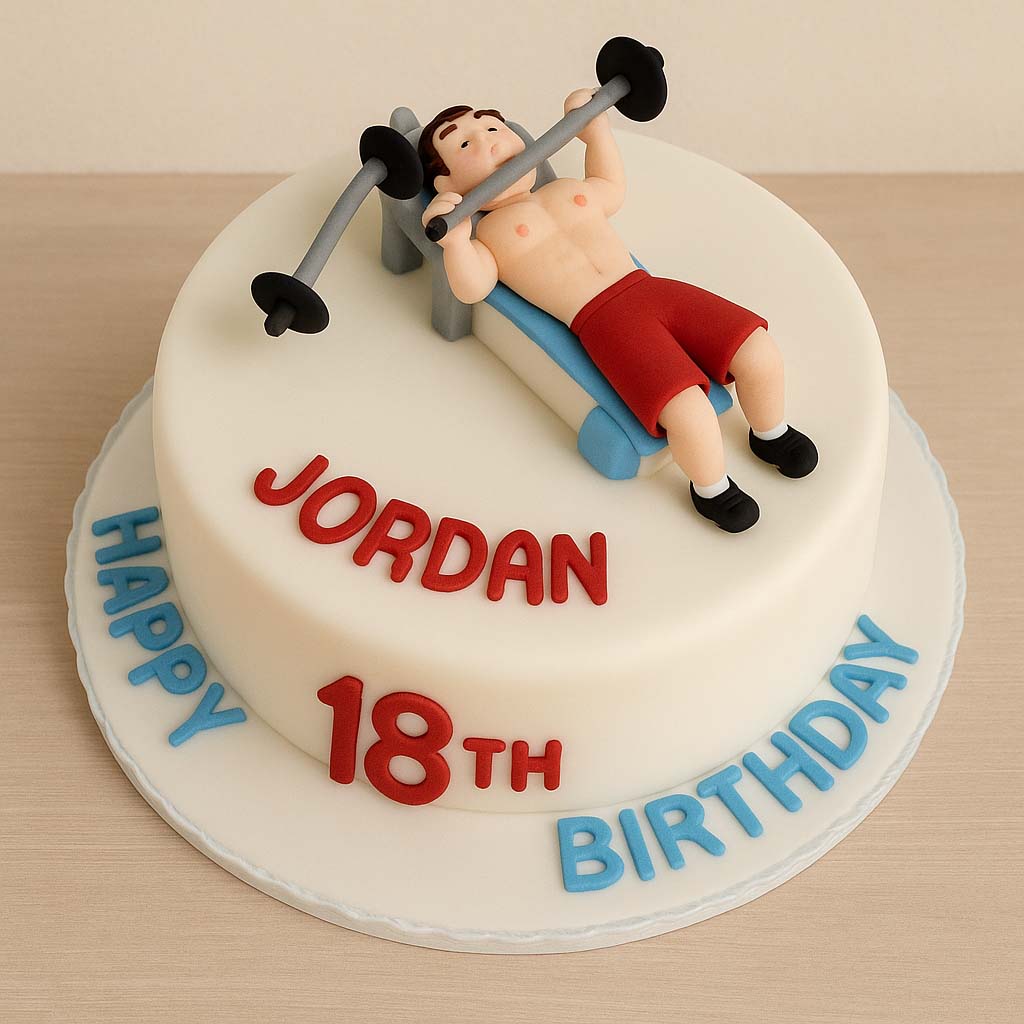 Bench Press Gym Cake with Figurine - TF Cakes Online Delivery Freshly baked handcrafted Bench Press Gym Cake with Figurine – Cake design by TF Cakes