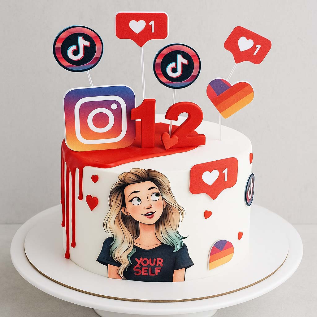 Red Drip Social Media Girl Cake - TF Cakes Online Delivery Freshly baked handcrafted Red Drip Social Media Girl Cake – Cake design by TF Cakes
