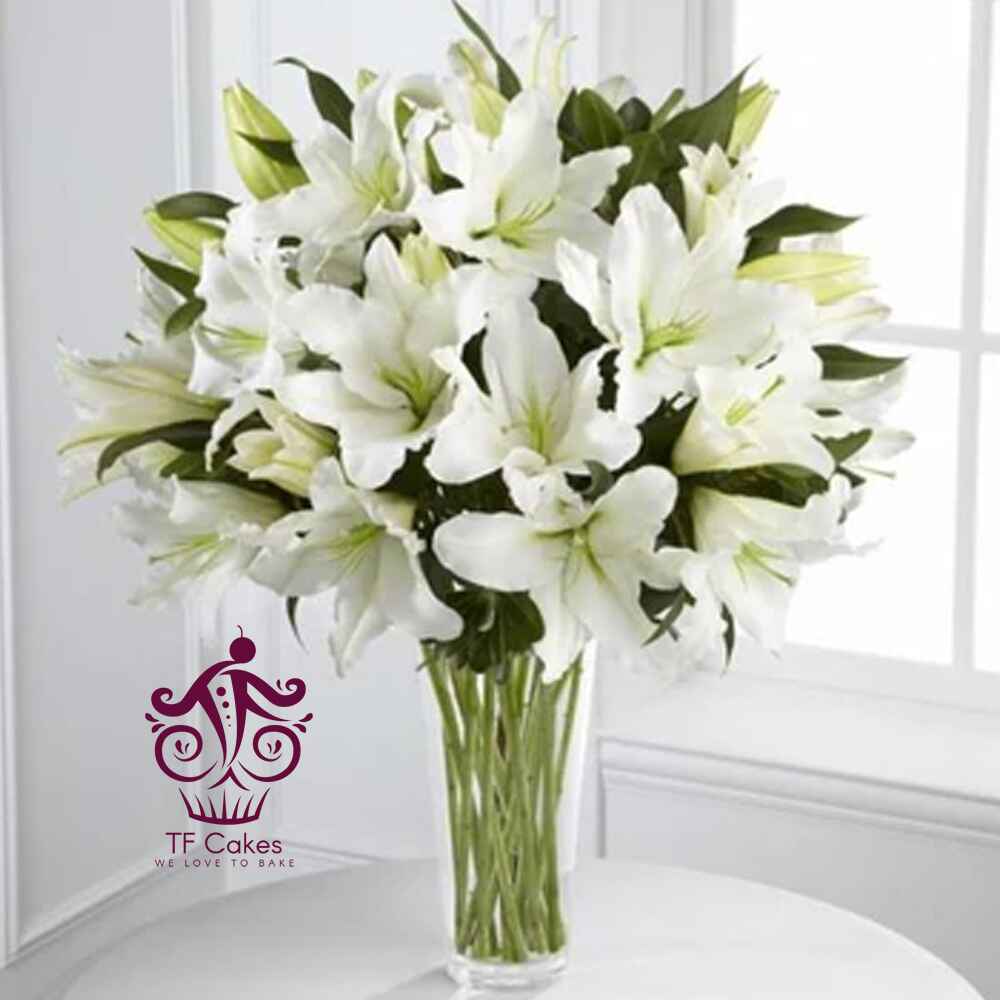 Elegant White Lily Vase - TF Cakes Online Delivery Freshly baked handcrafted Elegant White Lily Vase – Cake design by TF Cakes