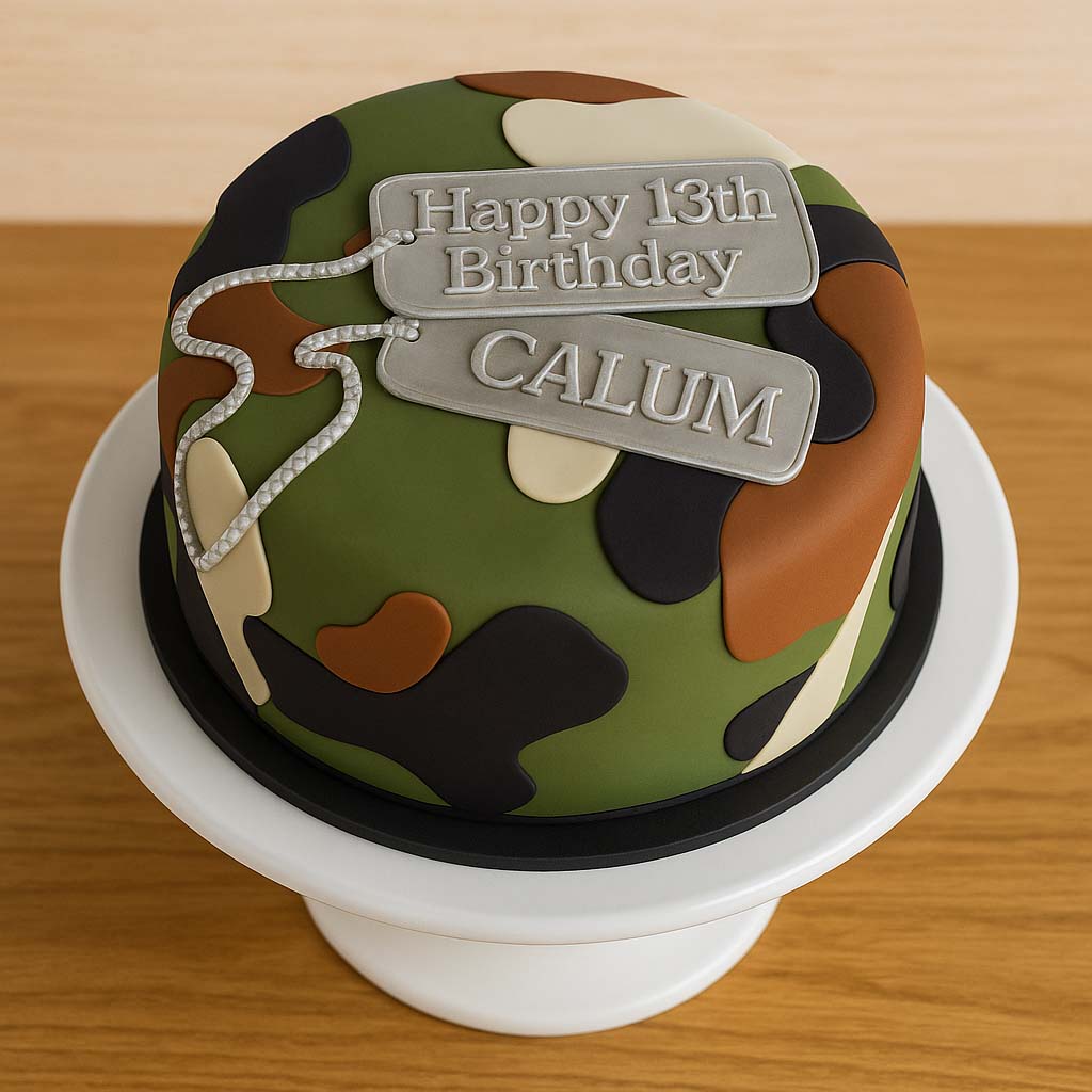 Army Camouflage Birthday Cake - TF Cakes Online Delivery Freshly baked handcrafted Army Camouflage Birthday Cake – Cake design by TF Cakes
