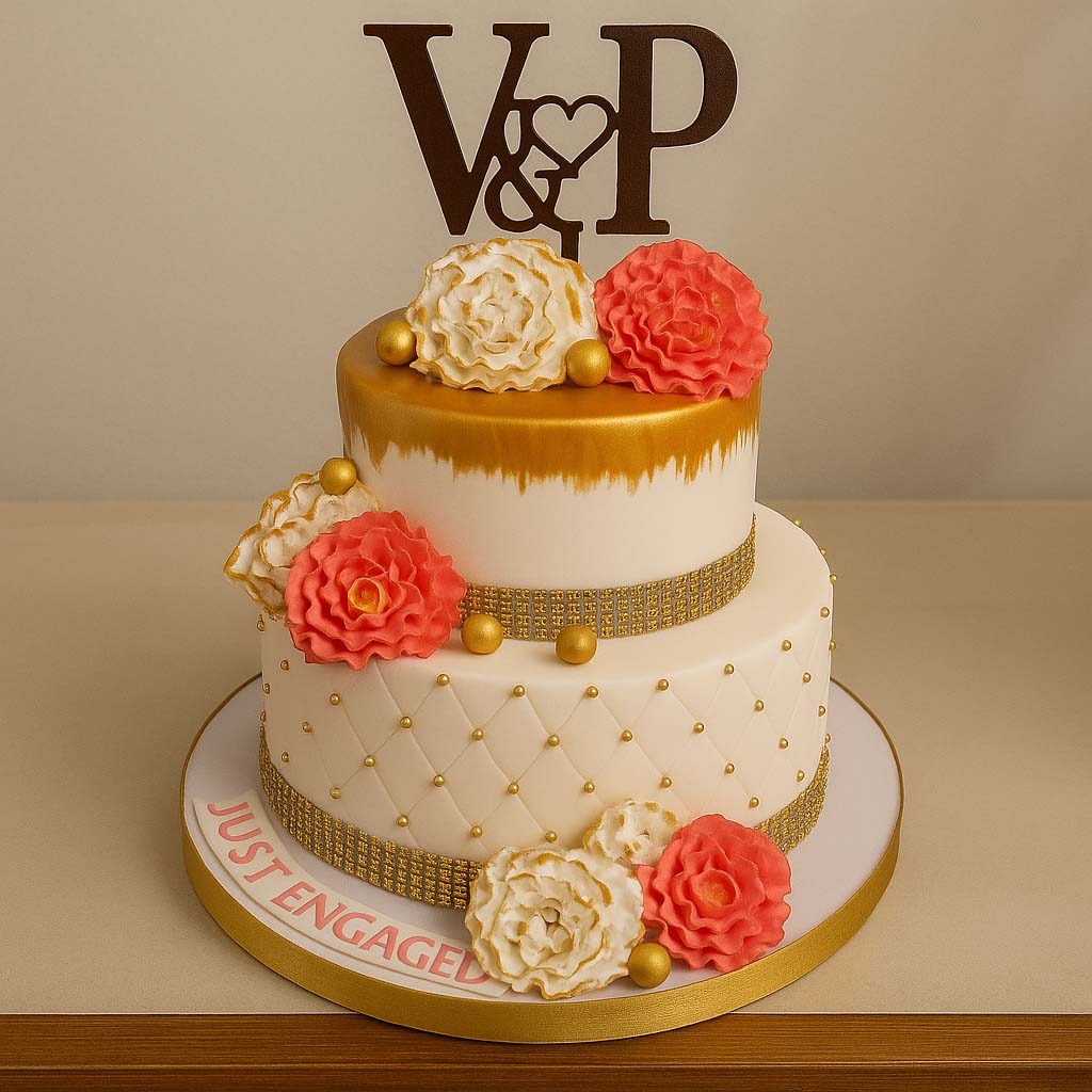 Elegant Engagement Cake with Floral Accents - TF Cakes Online Delivery Freshly baked handcrafted Elegant Engagement Cake with Floral Accents – Cake design by TF Cakes