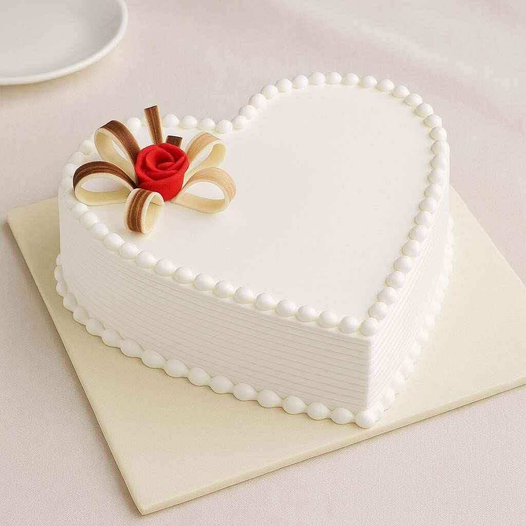 White Heart Cake with Rose Topper - TF Cakes Online Delivery Freshly baked handcrafted White Heart Cake with Rose Topper – Cake design by TF Cakes