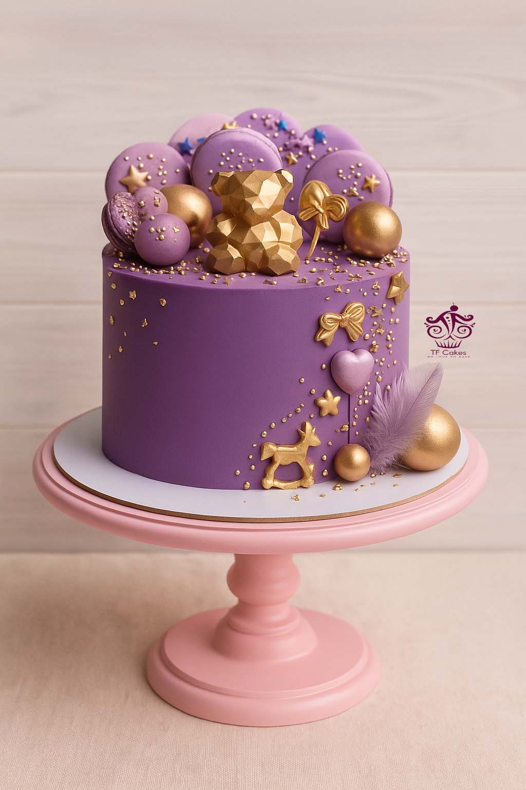 Purple & Gold Teddy Delight isomalte Cake - TF Cakes Online Delivery Freshly baked handcrafted Purple & Gold Teddy Delight isomalte Cake – Cake design by TF Cakes