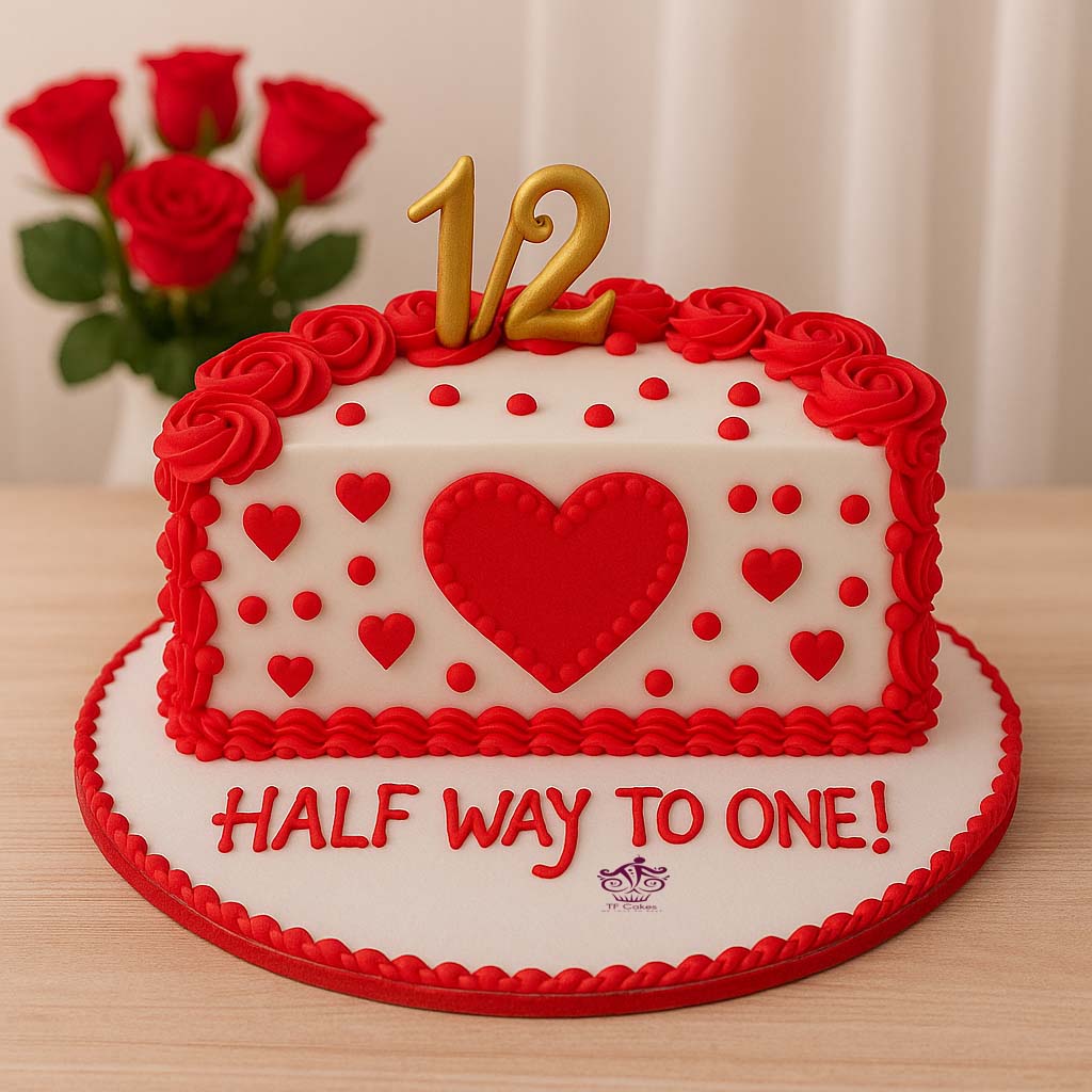 Red Heart Half Birthday Cake - TF Cakes Online Delivery Freshly baked handcrafted Red Heart Half Birthday Cake – Cake design by TF Cakes