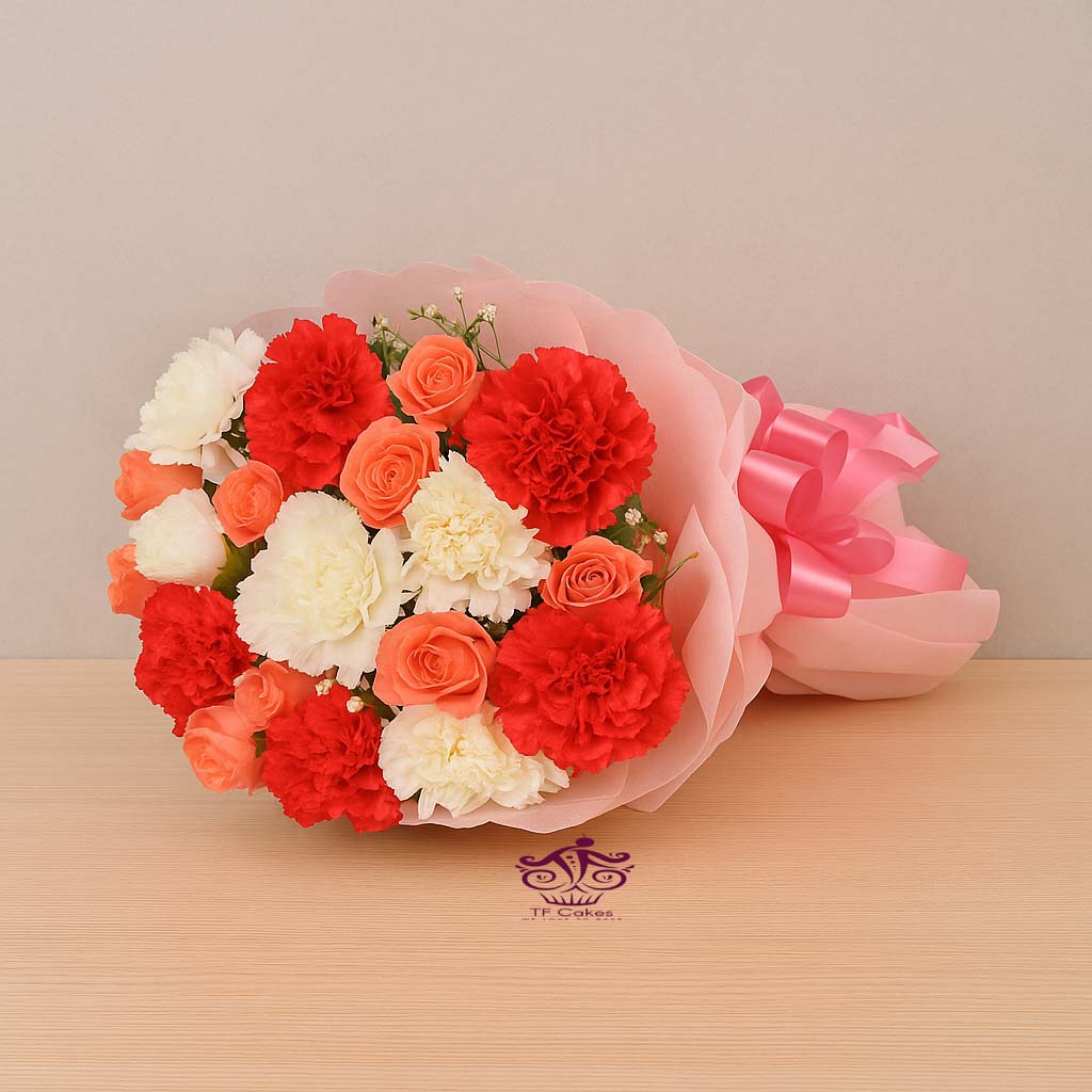 Mixed Carnations & Roses Bouquet - TF Cakes Online Delivery Freshly baked handcrafted Mixed Carnations & Roses Bouquet – Cake design by TF Cakes