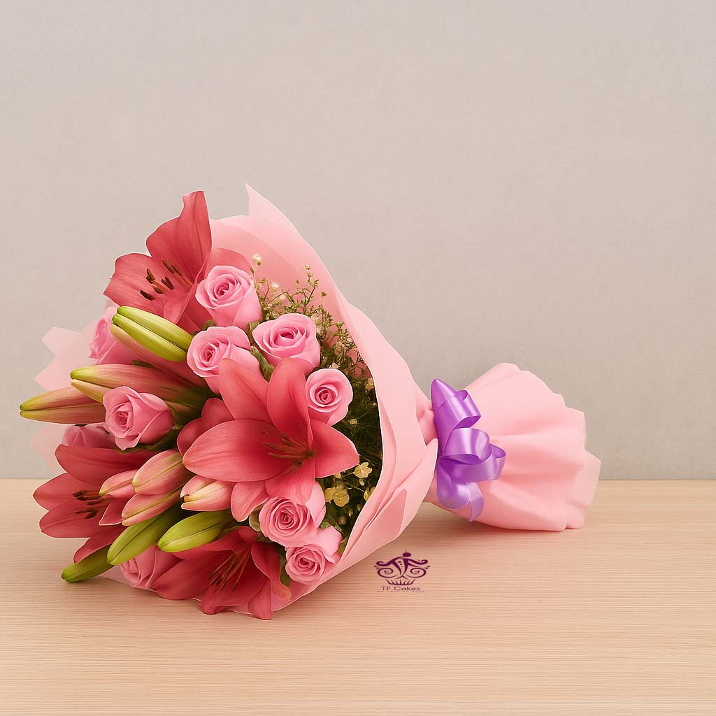 Romantic Lily & Pink Roses Bouquet - TF Cakes Online Delivery Freshly baked handcrafted Romantic Lily & Pink Roses Bouquet – Cake design by TF Cakes
