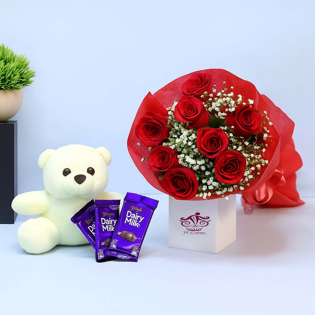 Red Roses with Teddy & Chocolates - TF Cakes Online Delivery Freshly baked handcrafted Red Roses with Teddy & Chocolates – Cake design by TF Cakes